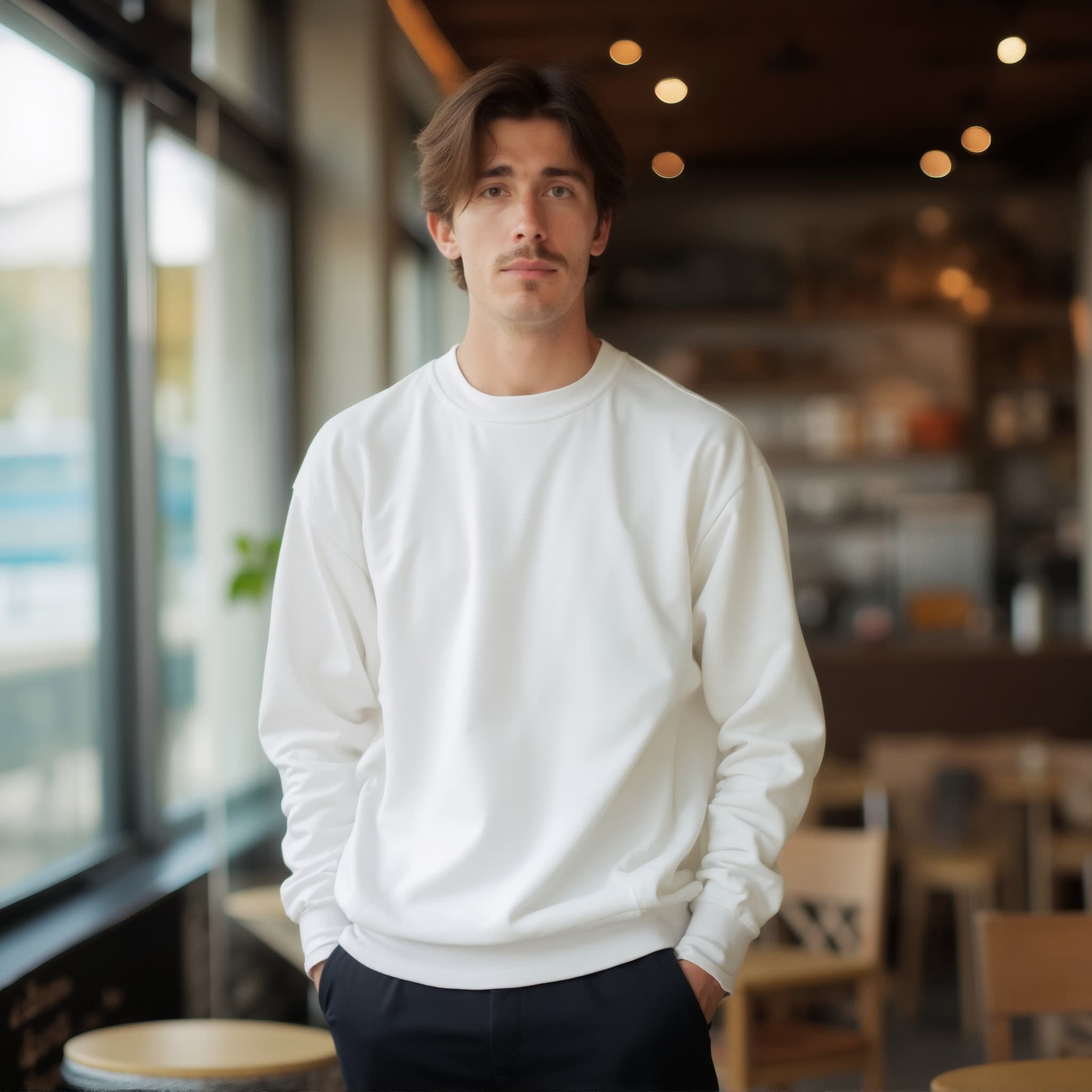 Long sleeve sweatshirt mockup a man stands with hands in pockets cafe scen