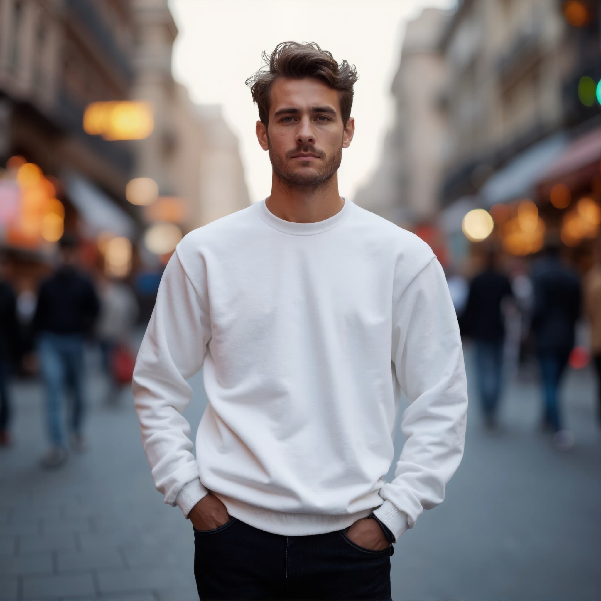 Long sleeve sweatshirt mockup a man stands with hands in pockets in a busy street