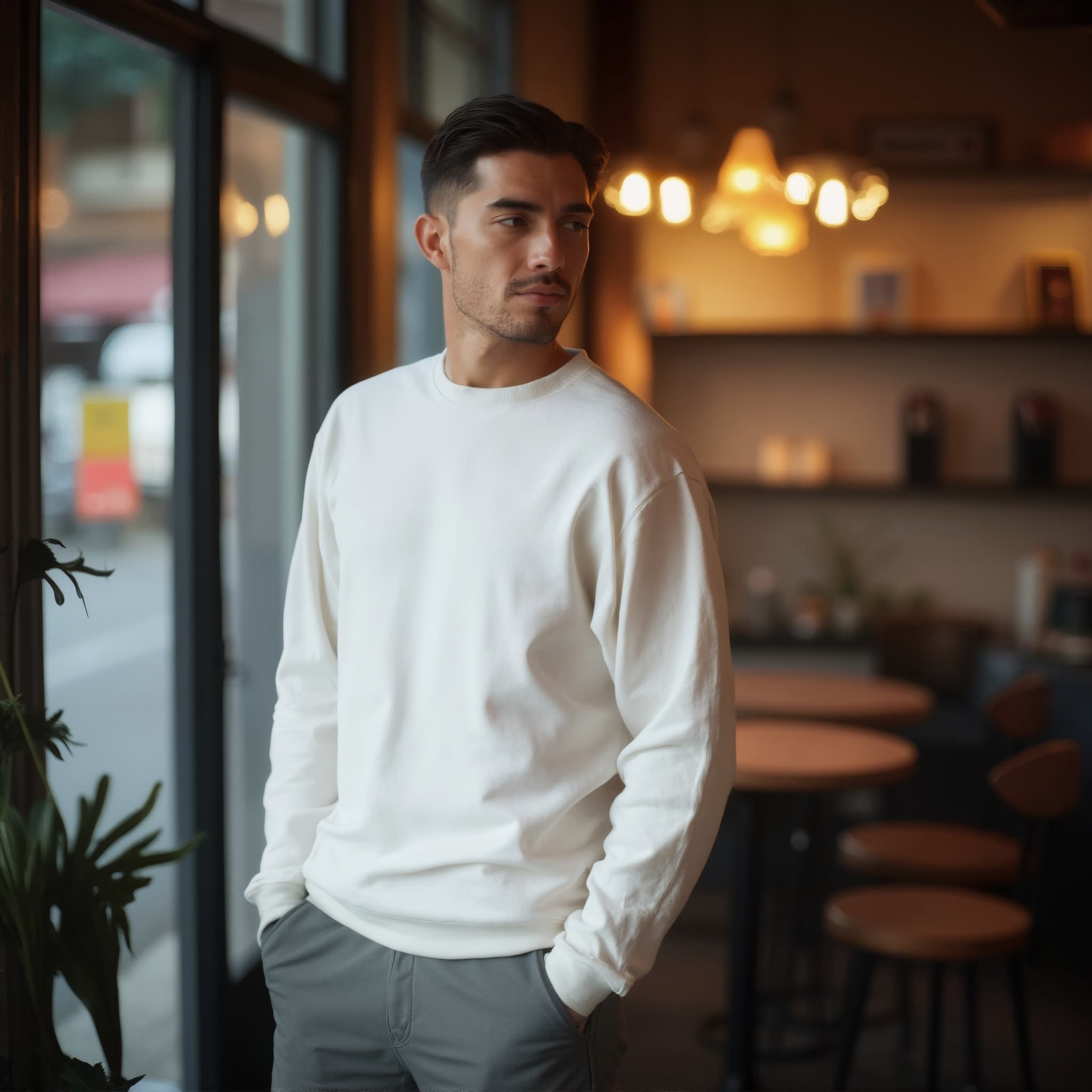 Long sleeve sweatshirt mockup a man stands with hands in pockets in a cafe