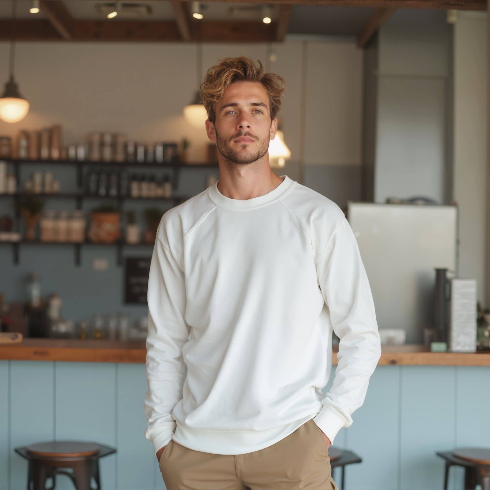 Long sleeve sweatshirt mockup a man stands with hands in pockets in a café 01