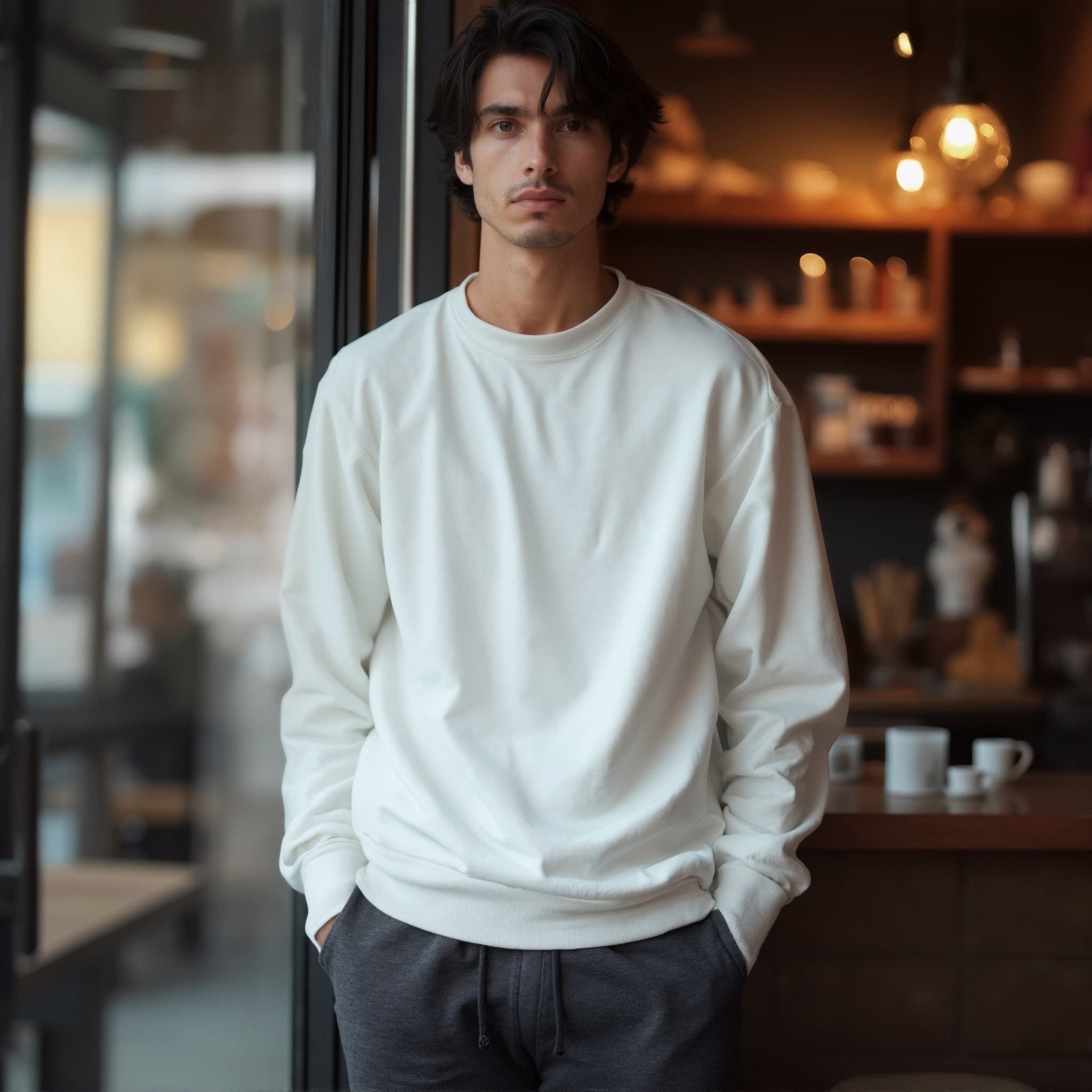 Long sleeve sweatshirt mockup a man stands with hands in pockets in a café 02