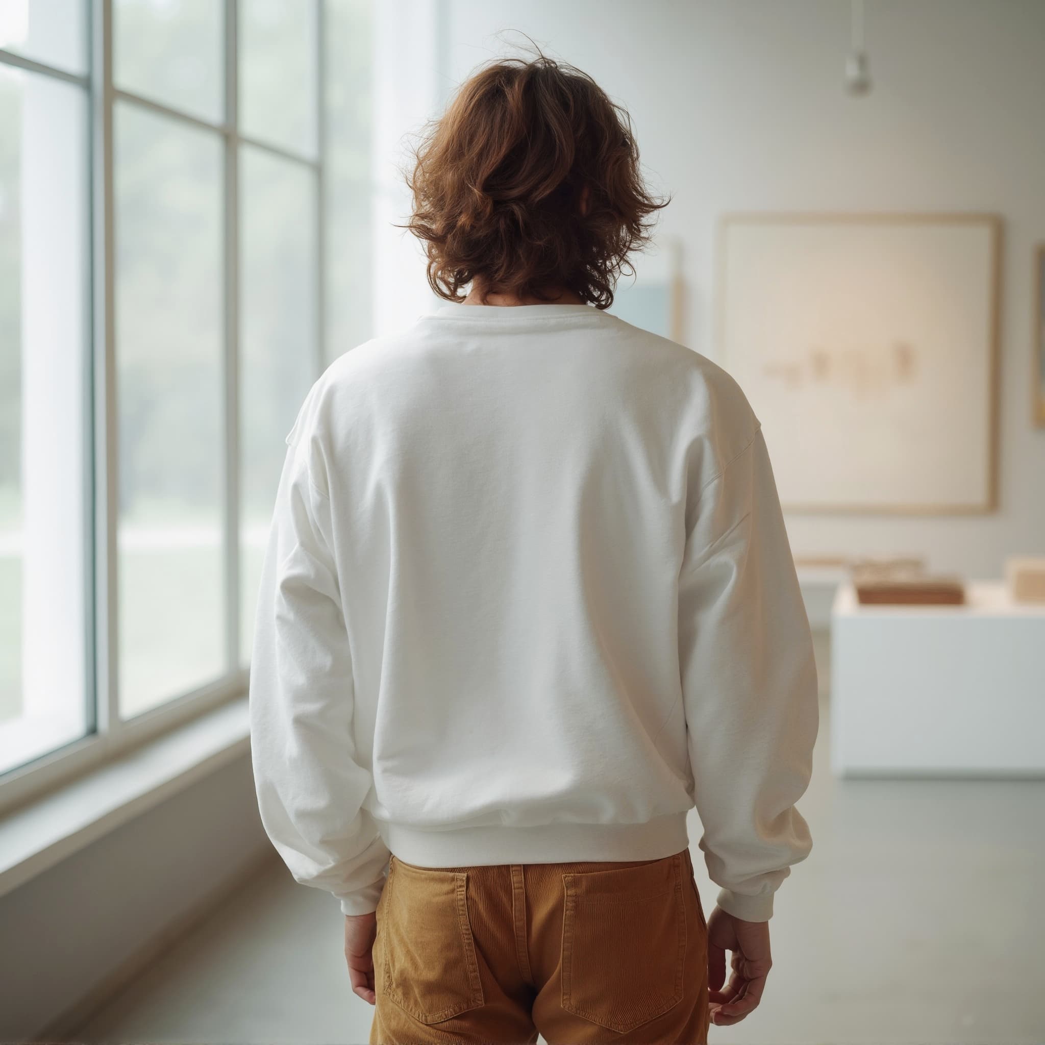 Back-View long sleeve sweatshirt mockup a man stands with back turned in a gallery
