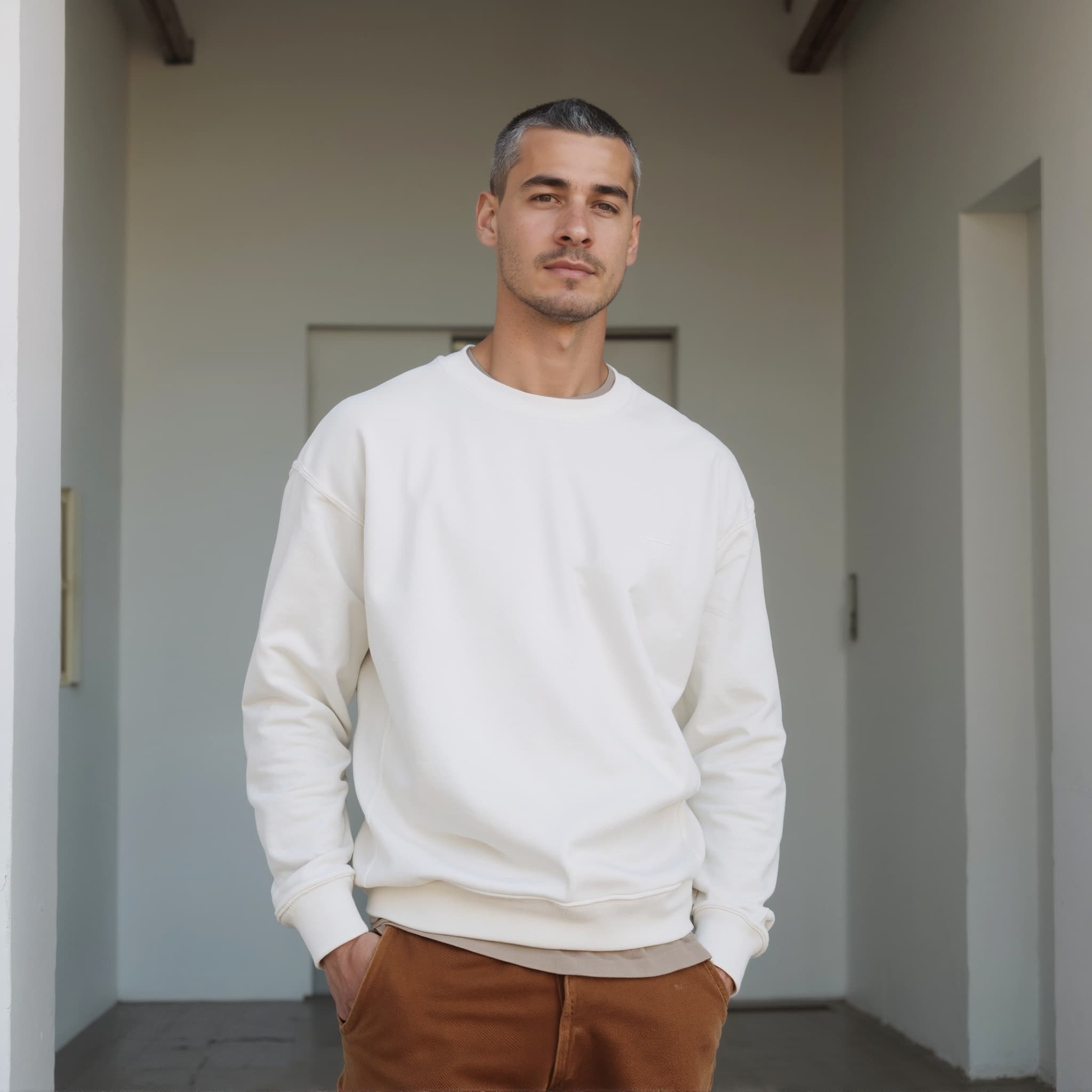 Long sleeve sweatshirt mockup a man stands with hands in pockets in a doorway