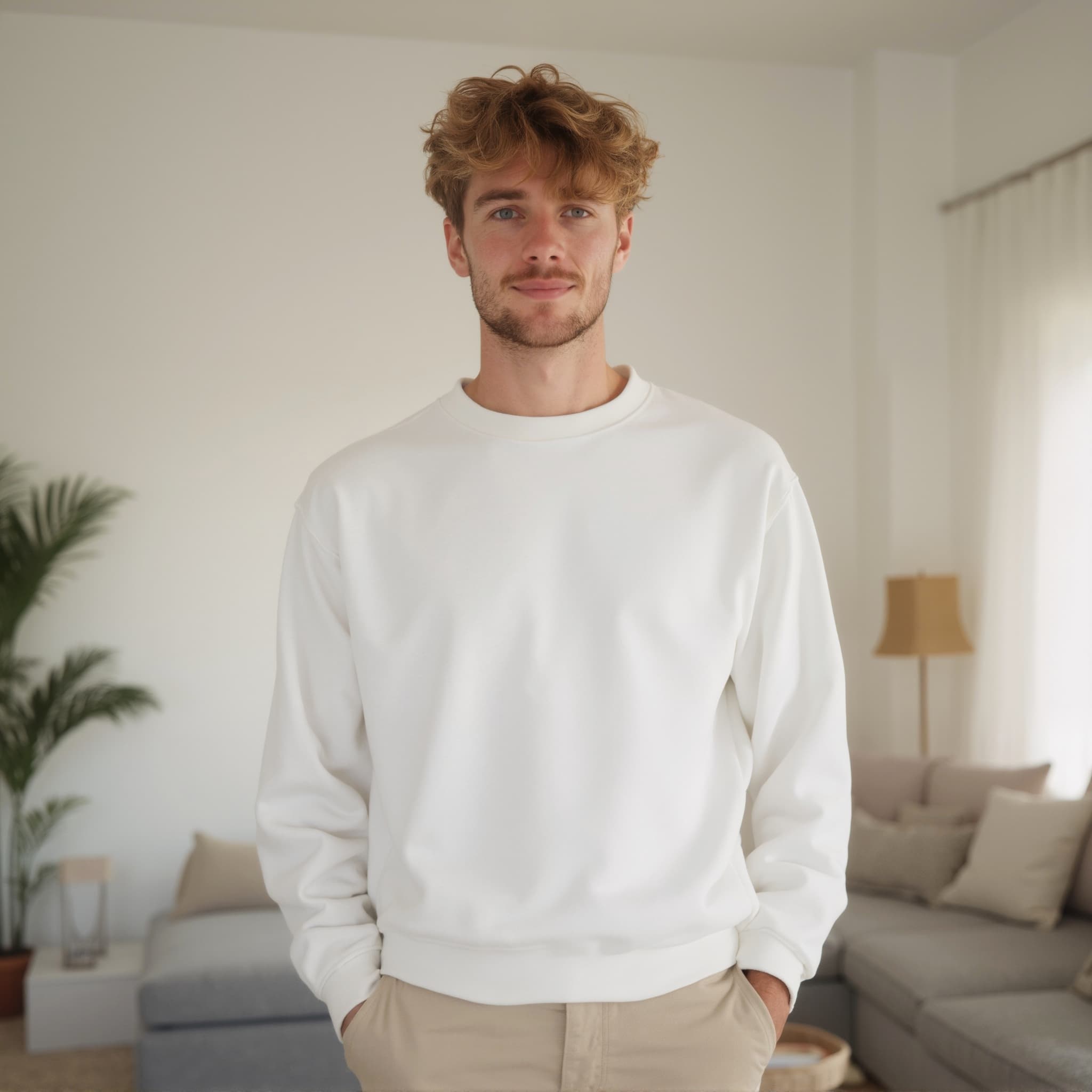 Long sleeve sweatshirt mockup a man stands with hands in pockets in a living rooM