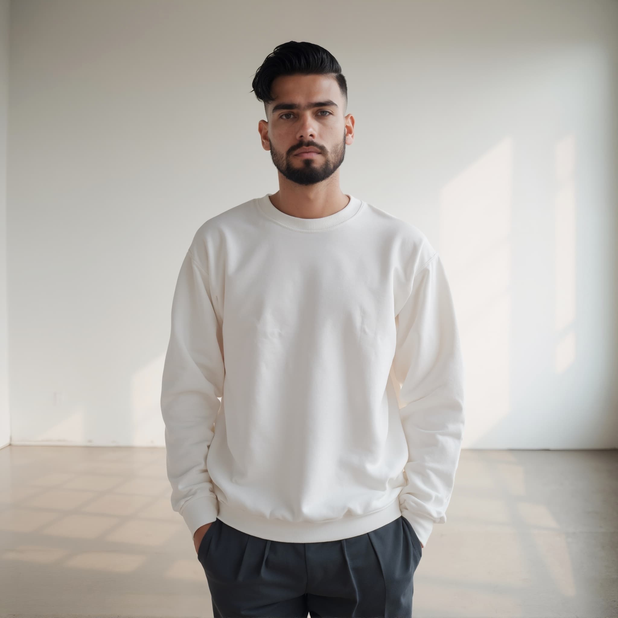 Long sleeve sweatshirt mockup a man stands with hands in pockets in a minimalist space