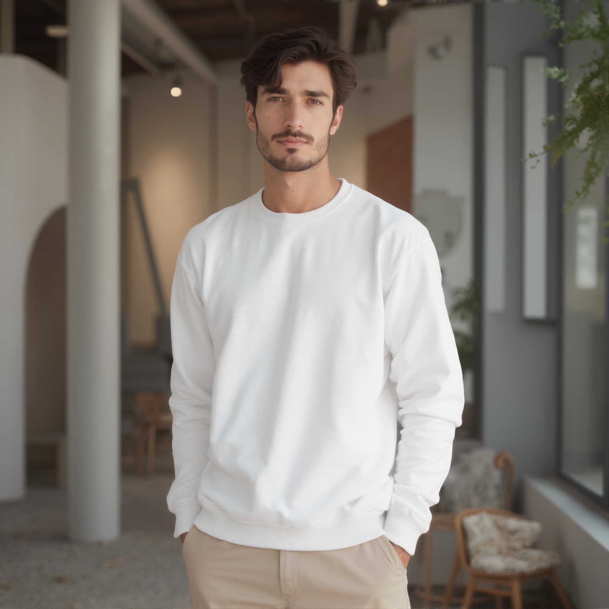 Long sleeve sweatshirt mockup a man stands with hands in pockets in a modern space