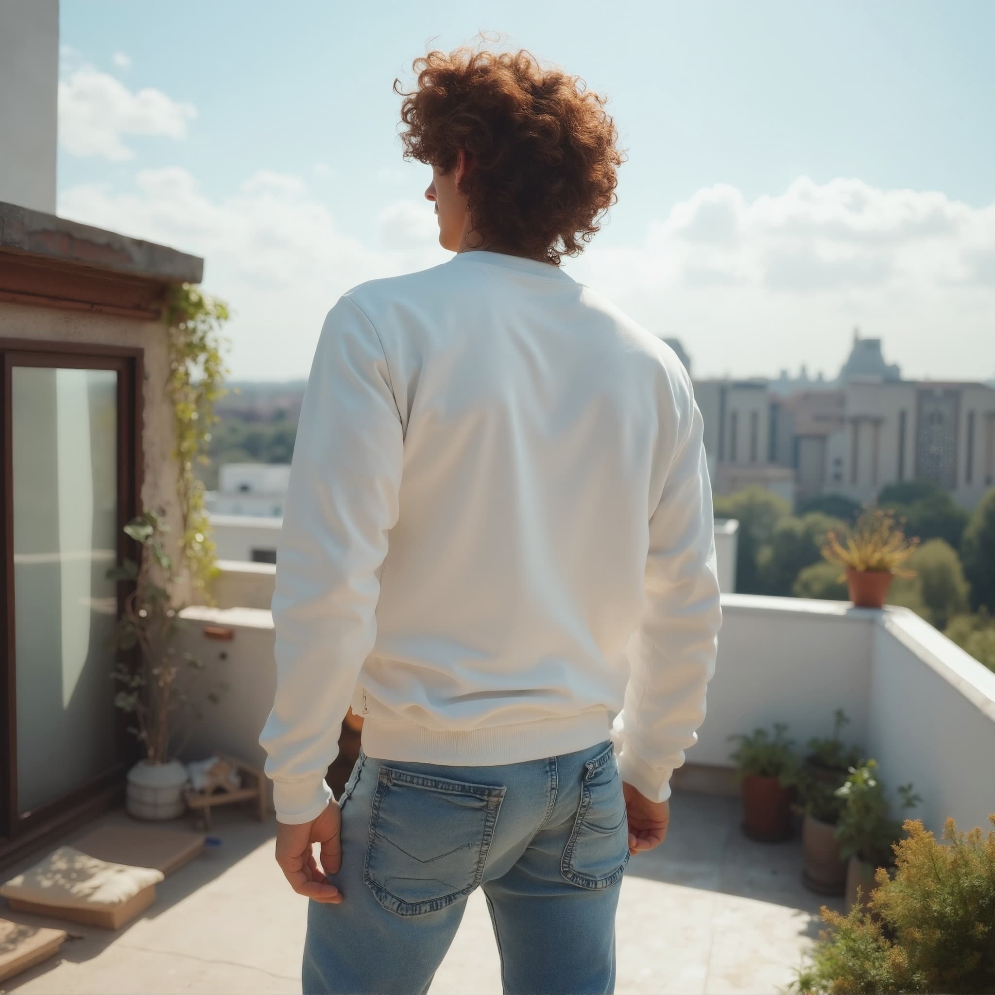 Back-View long sleeve sweatshirt mockup a man stands with curly hair on a balcony
