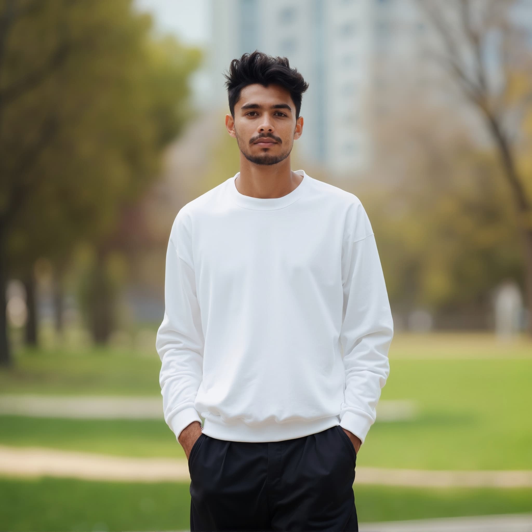 Long sleeve sweatshirt mockup a man stands with hands in pockets in a park 01