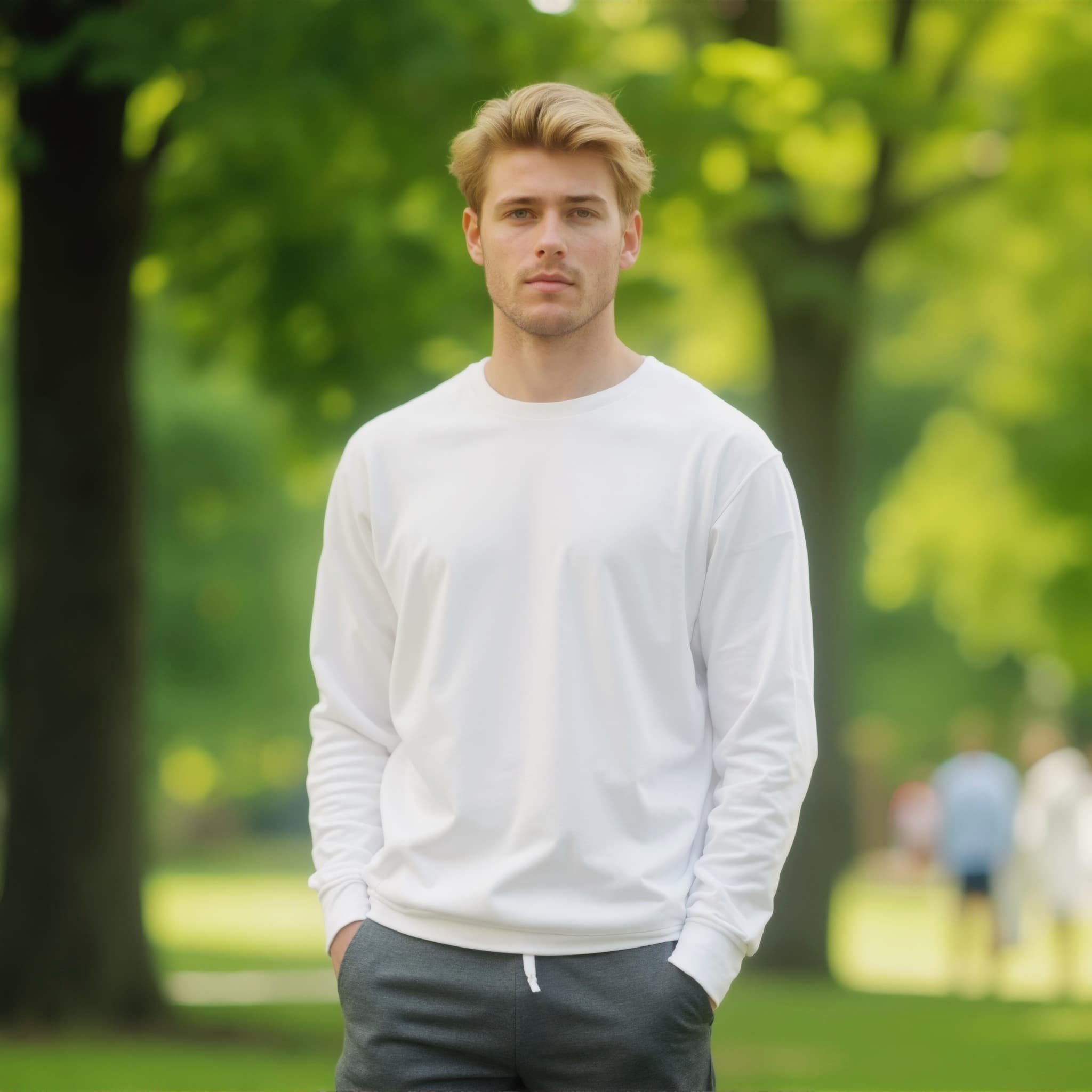 Long sleeve sweatshirt mockup a man stands with hands in pockets in a park 02