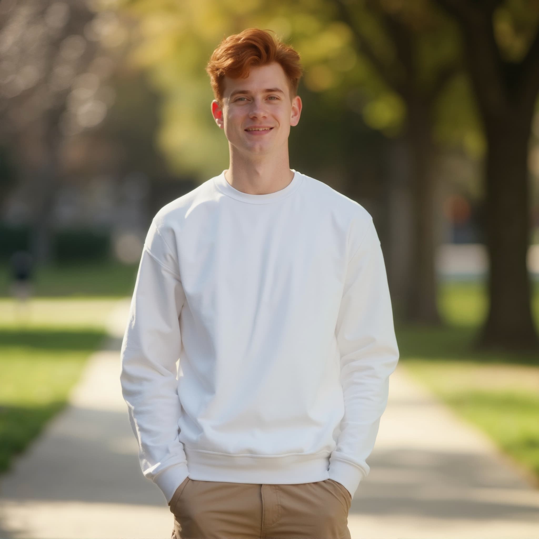 Long sleeve sweatshirt mockup a man stands with hands in pockets in a park 03