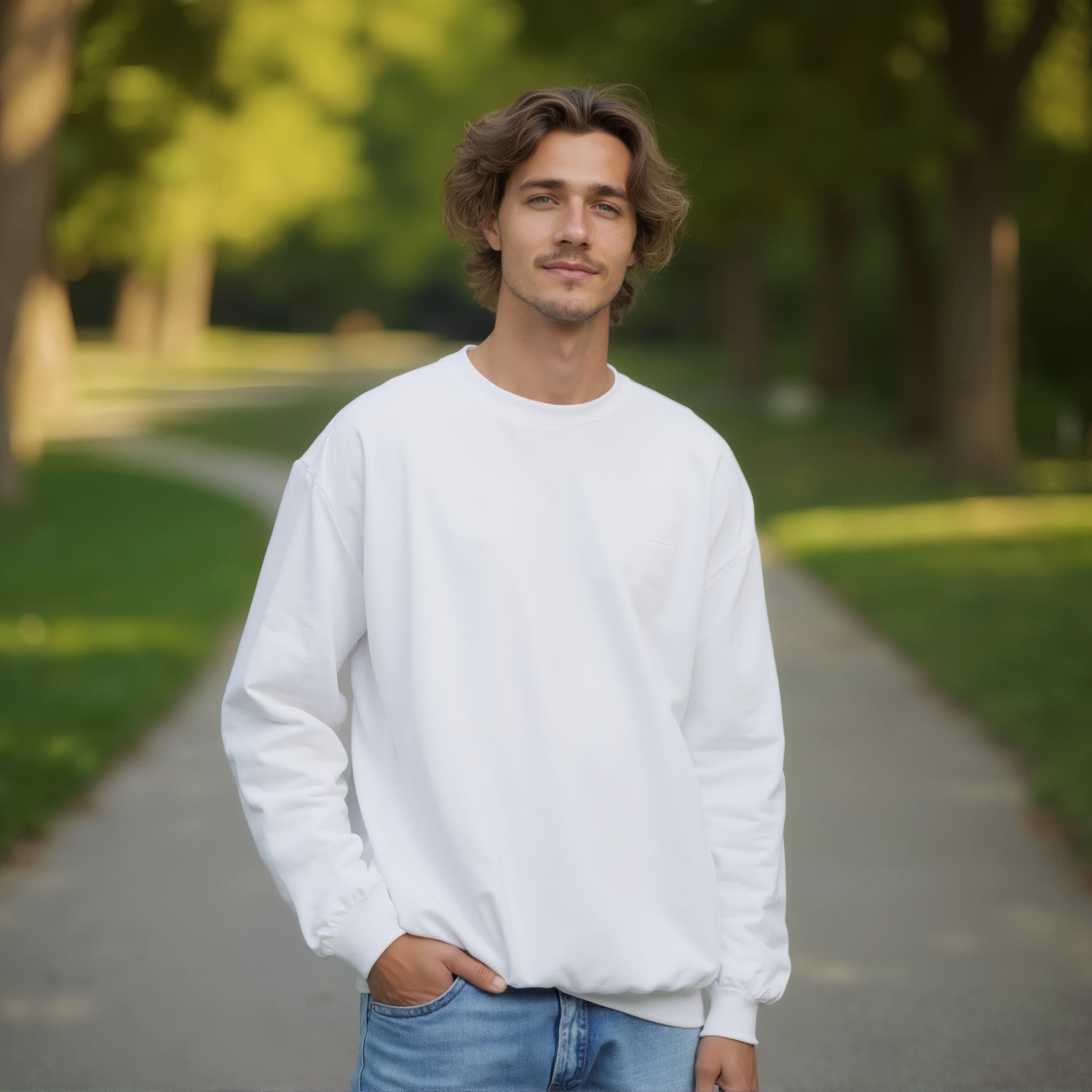 Long sleeve sweatshirt mockup a man stands with hands in pockets in a park