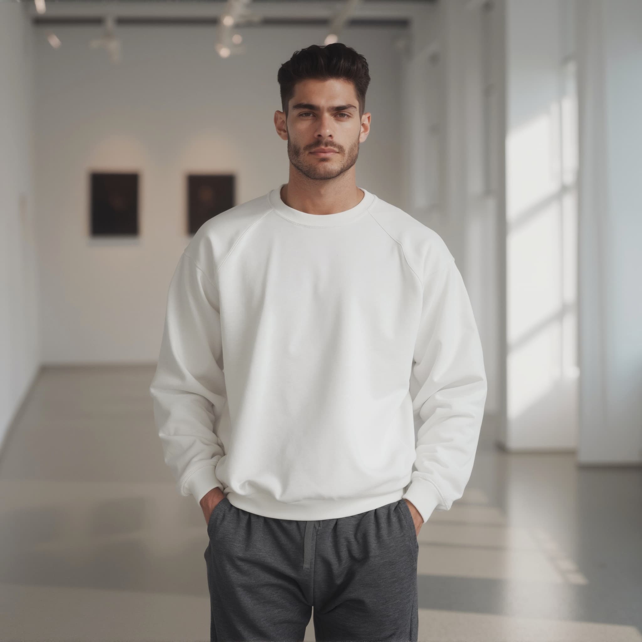 Long sleeve sweatshirt mockup a man stands with hands in pockets in an art gallery 01