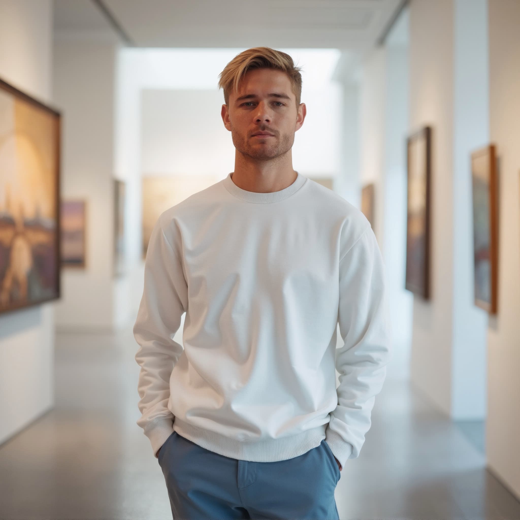 Long sleeve sweatshirt mockup a man stands with hands in pockets in an art gallery 03