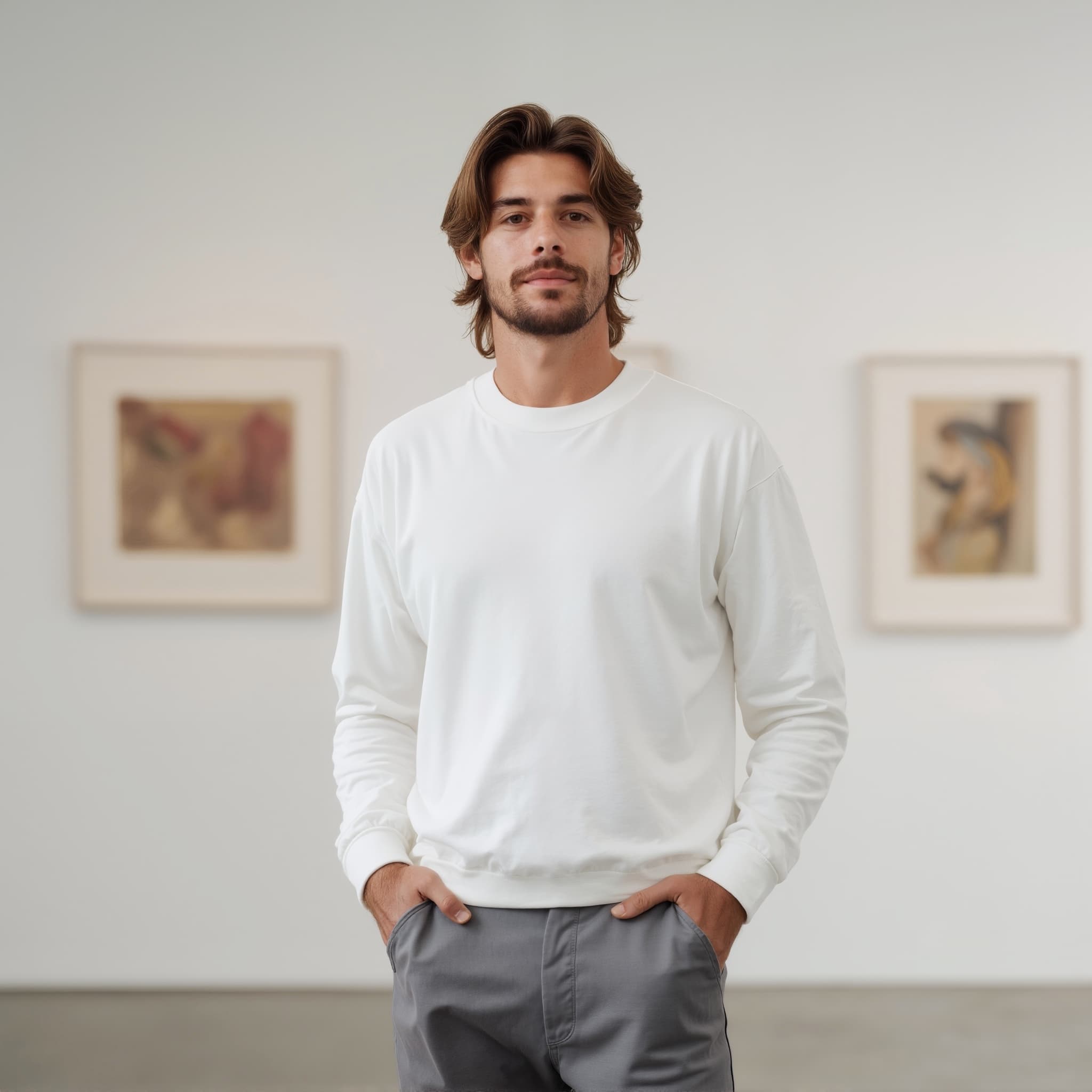 Long sleeve sweatshirt mockup a man stands with hands in pockets in an art gallery 04