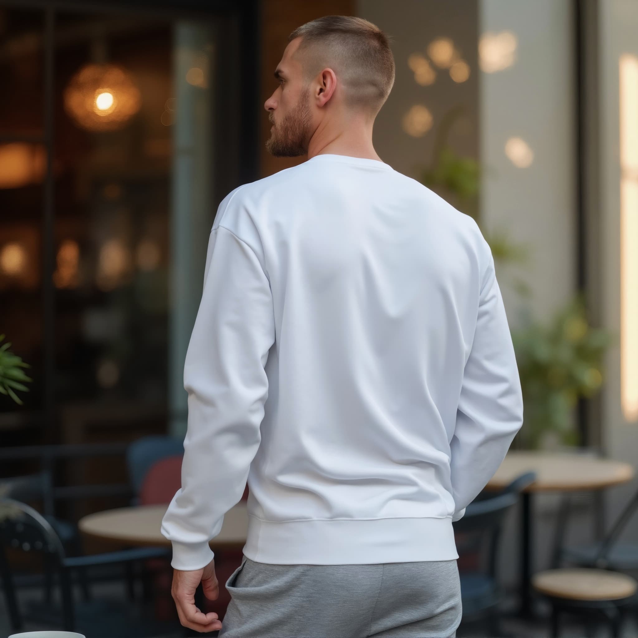 Back-View long sleeve sweatshirt mockup a man stands with hands at his sides in a cafe