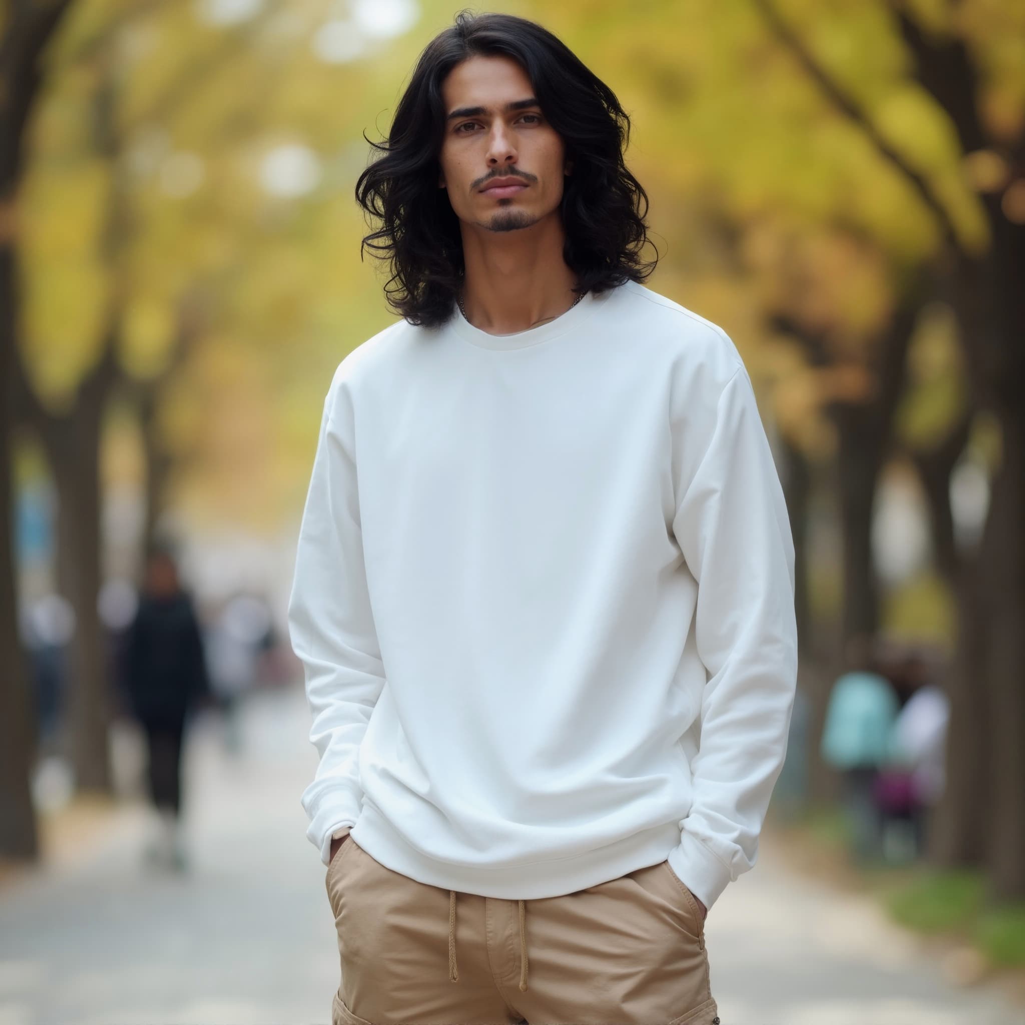 Long sleeve sweatshirt mockup a man stands with hands in pockets in an autumn park