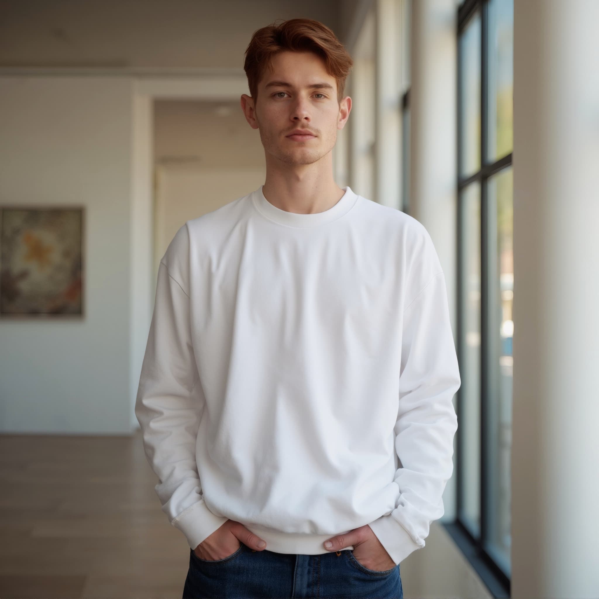 Long sleeve sweatshirt mockup a man stands with hands in pockets indoor 03