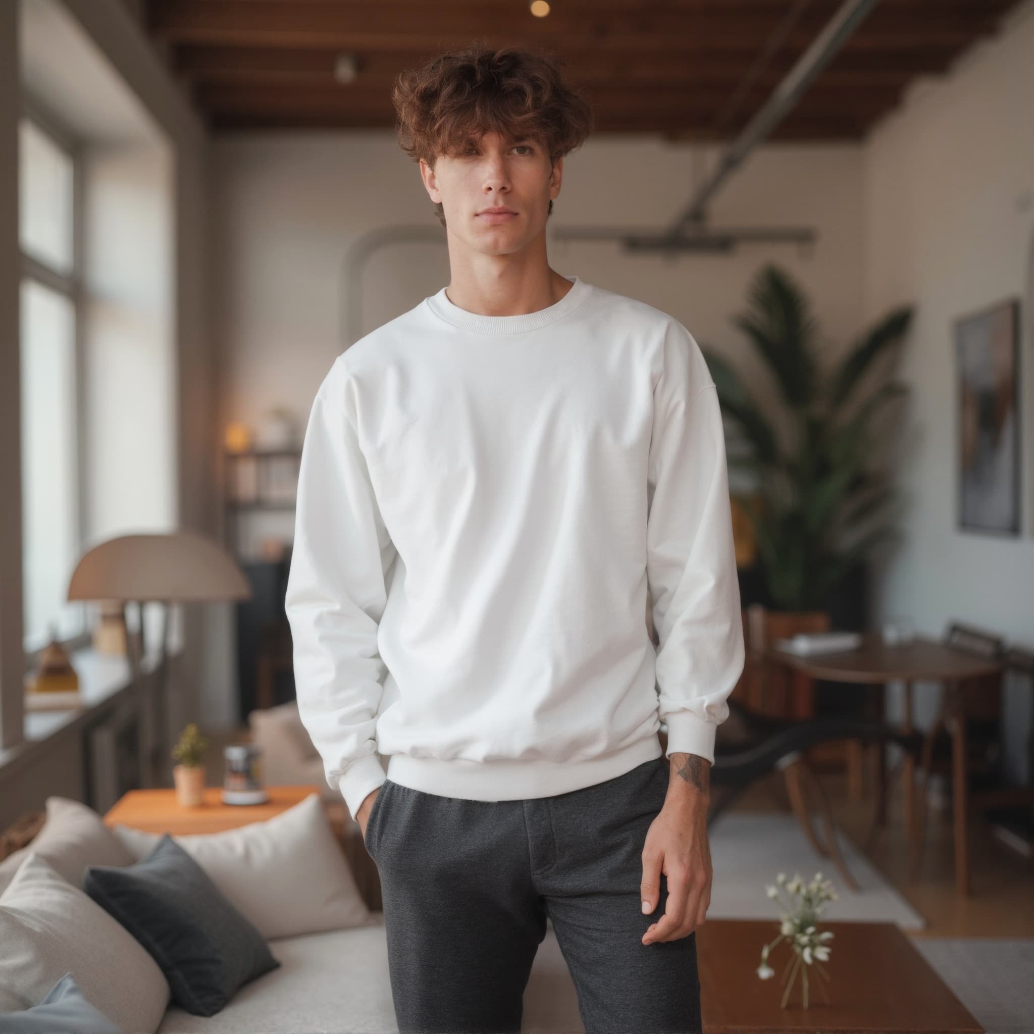 Long sleeve sweatshirt mockup a man stands with hands in pockets indoor 4