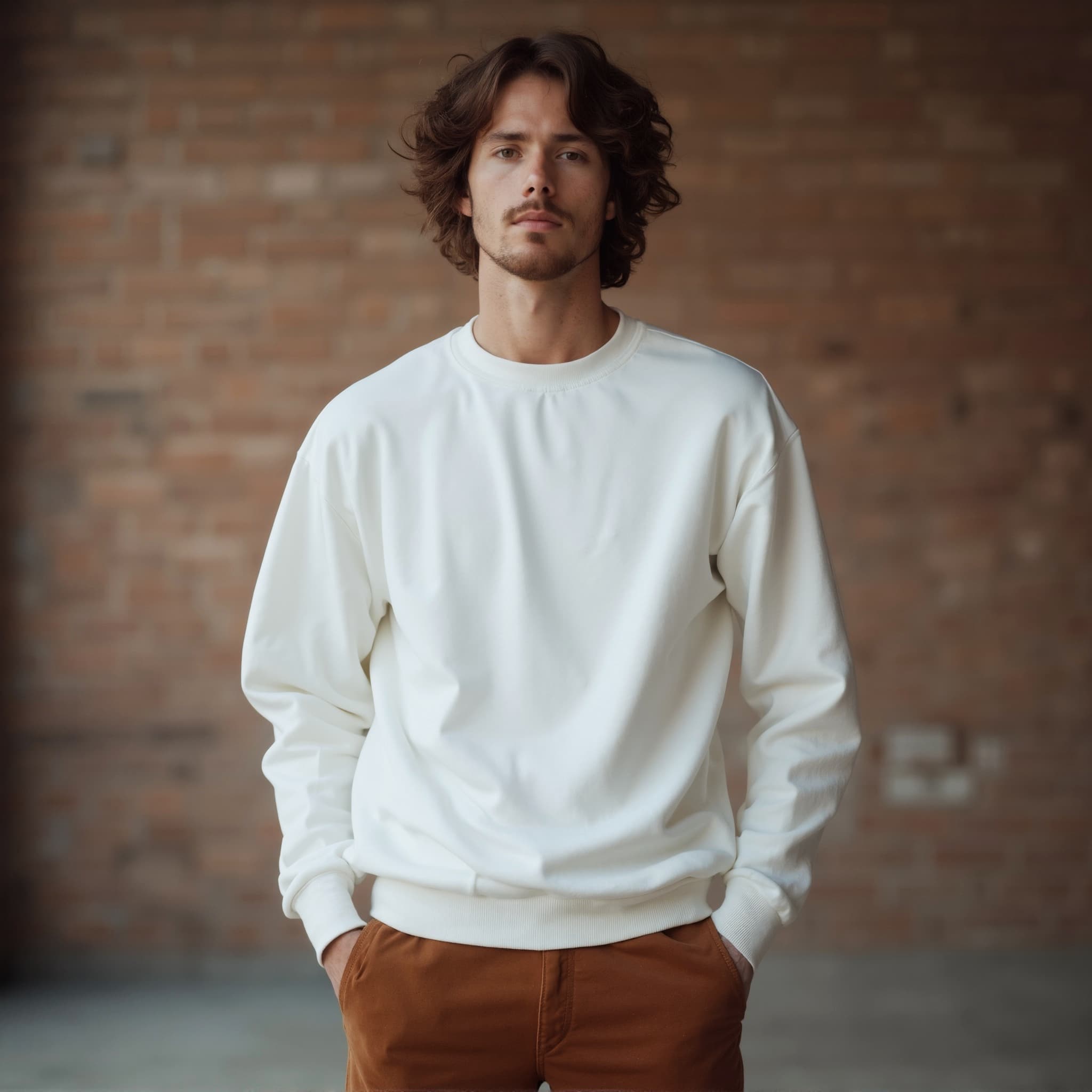 Long sleeve sweatshirt mockup a man stands with hands in pockets indoors 01