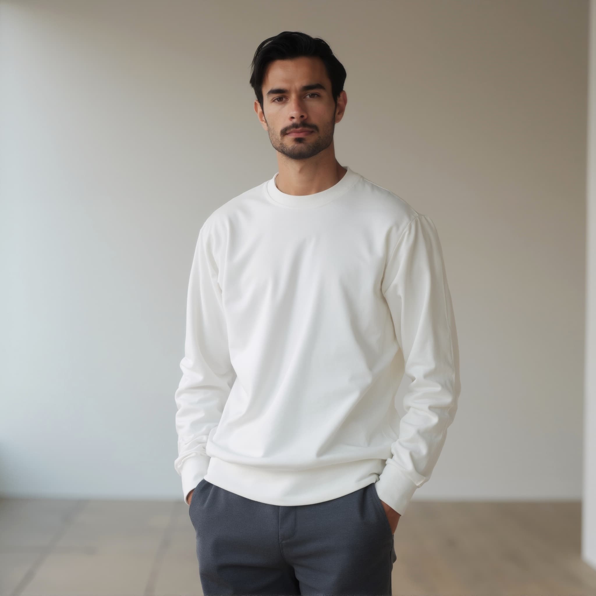 Long sleeve sweatshirt mockup a man stands with hands in pockets indoors