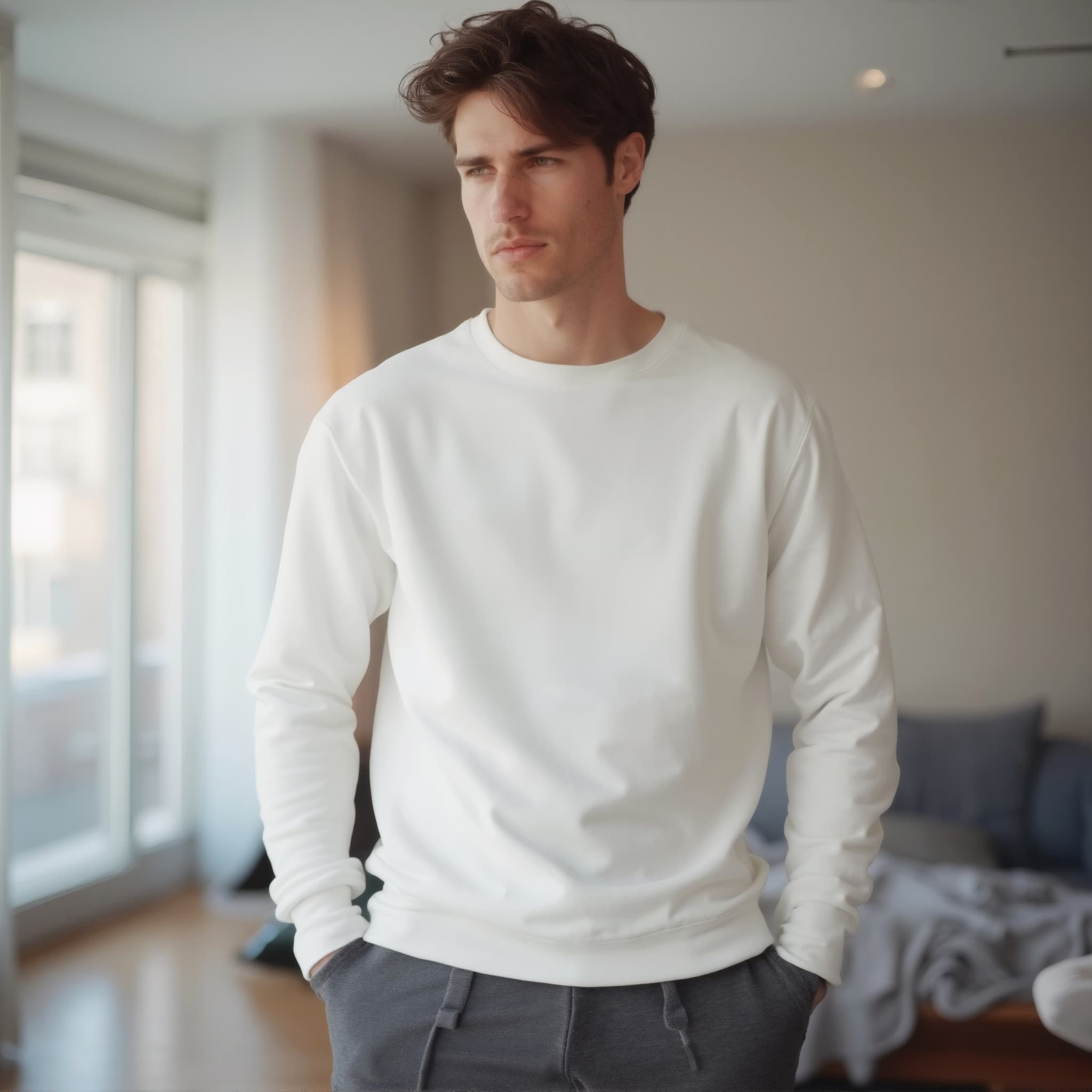 Long sleeve sweatshirt mockup a man stands with hands in pockets living room