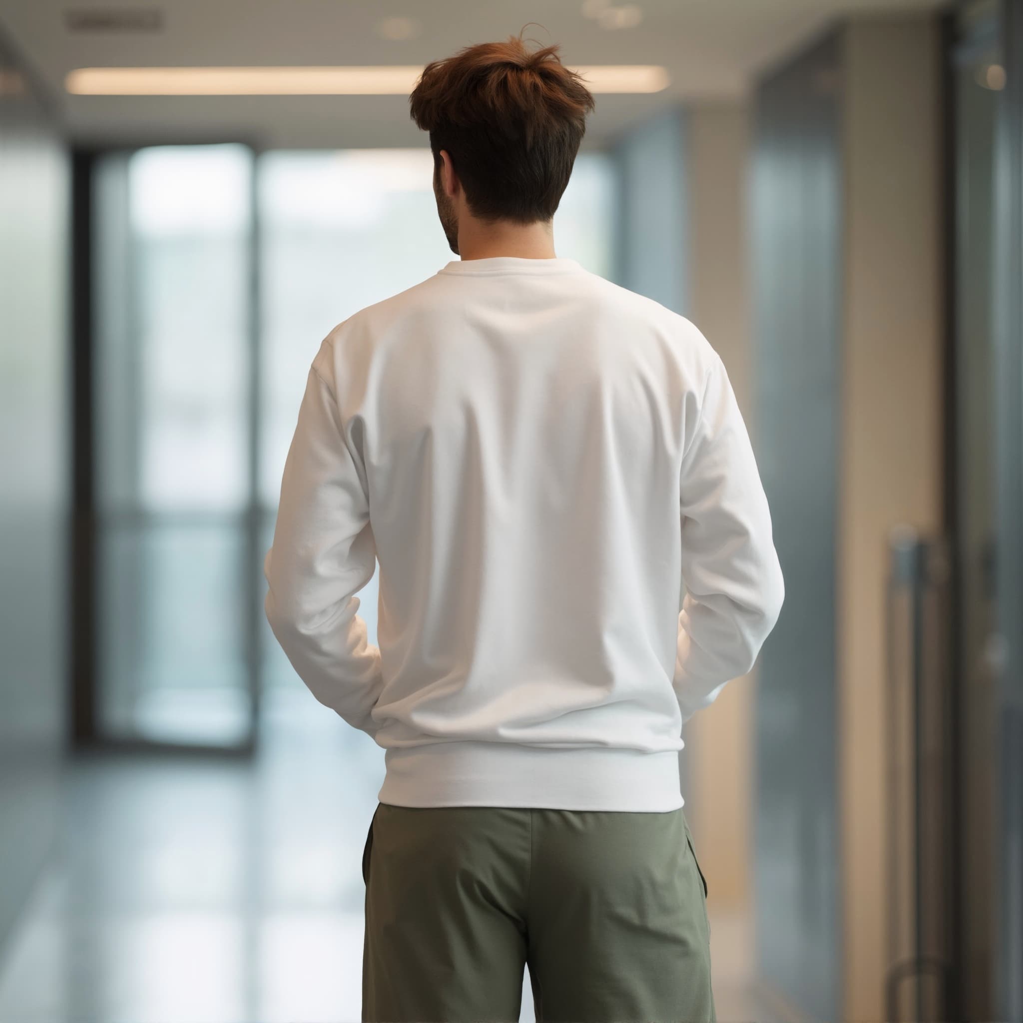 Back-View long sleeve sweatshirt mockup a man stands with hands behind back in a hallway