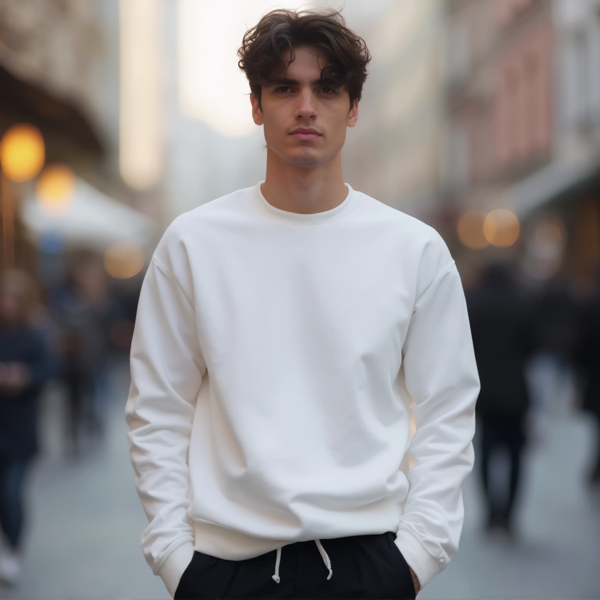 Long sleeve sweatshirt mockup a man stands with hands in pockets on a city street 06
