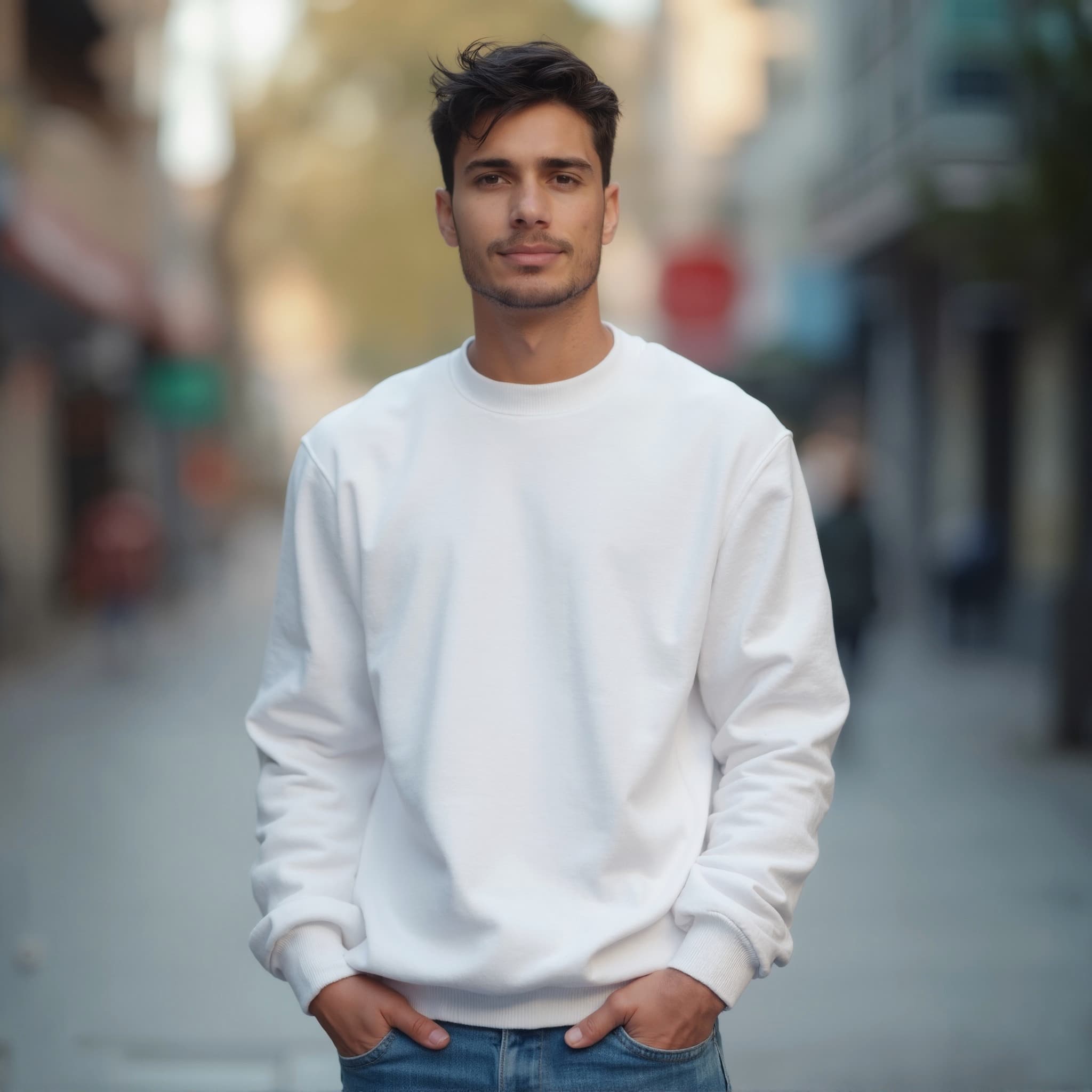 Long sleeve sweatshirt mockup a man stands with hands in pockets on a city street 1