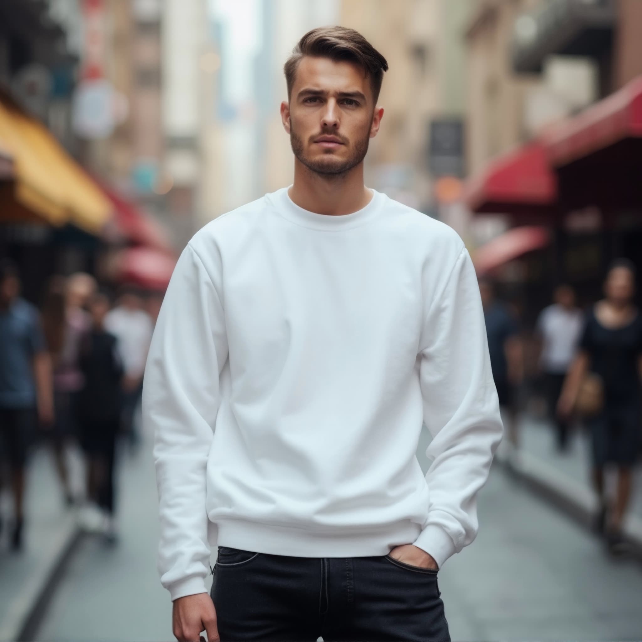 Long sleeve sweatshirt mockup a man stands with hands in pockets on a city street 2