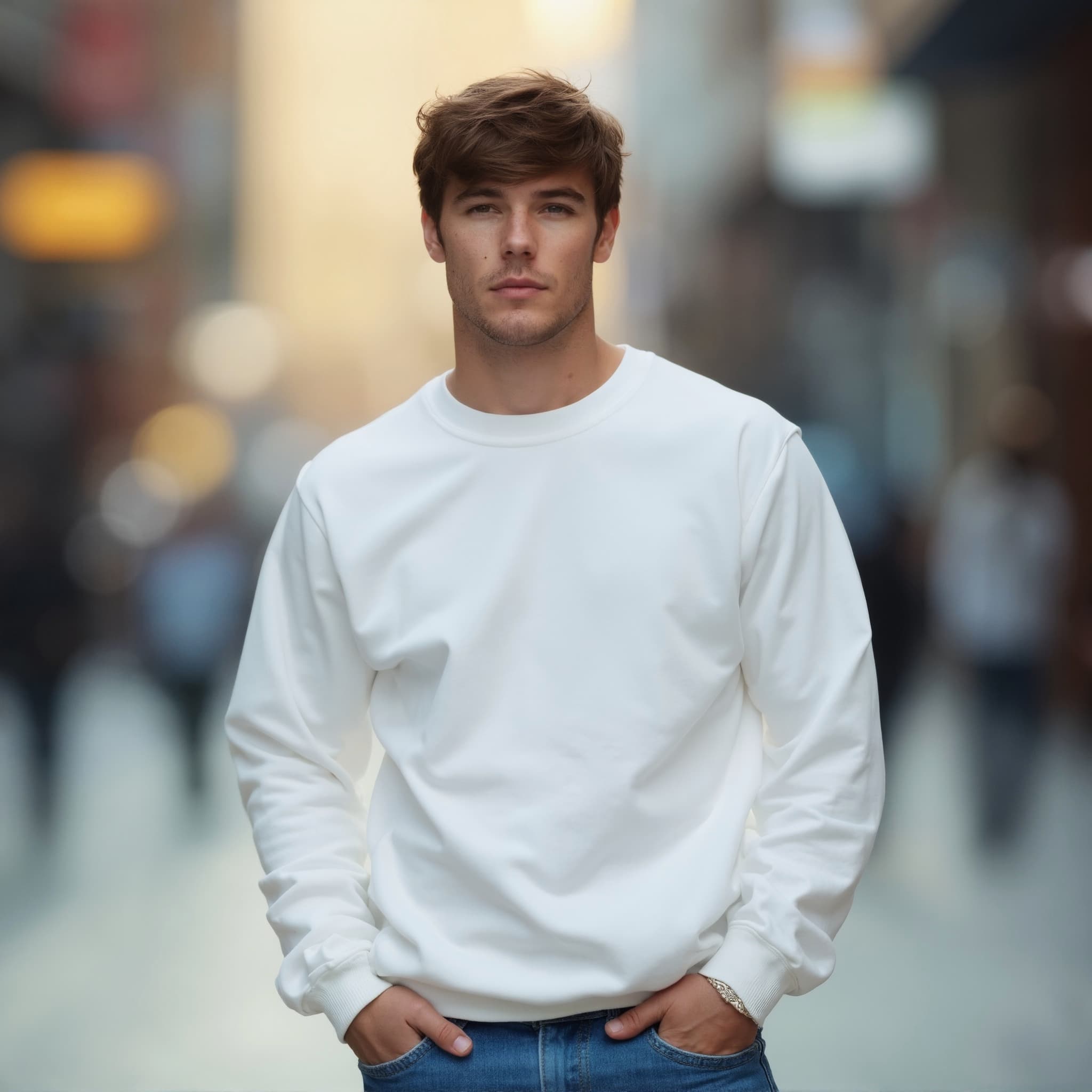 Long sleeve sweatshirt mockup a man stands with hands in pockets on a city street 4