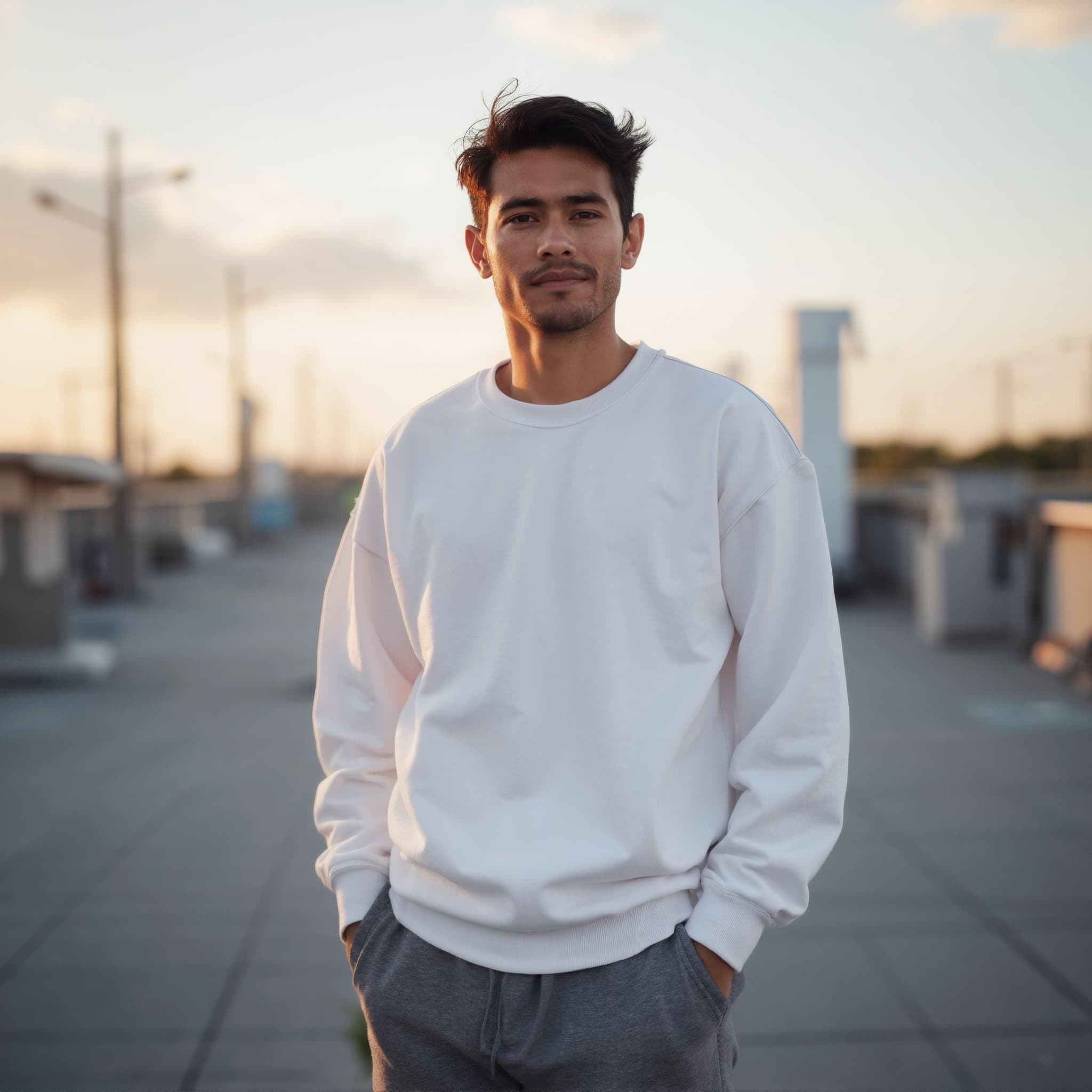Long sleeve sweatshirt mockup a man stands with hands in pockets on a rooftop 01