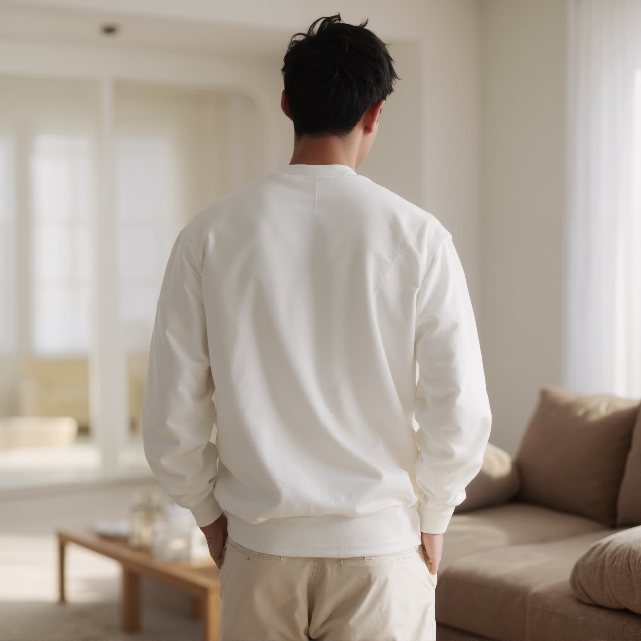 Back-View long sleeve sweatshirt mockup a man stands with hands behind back in a living room