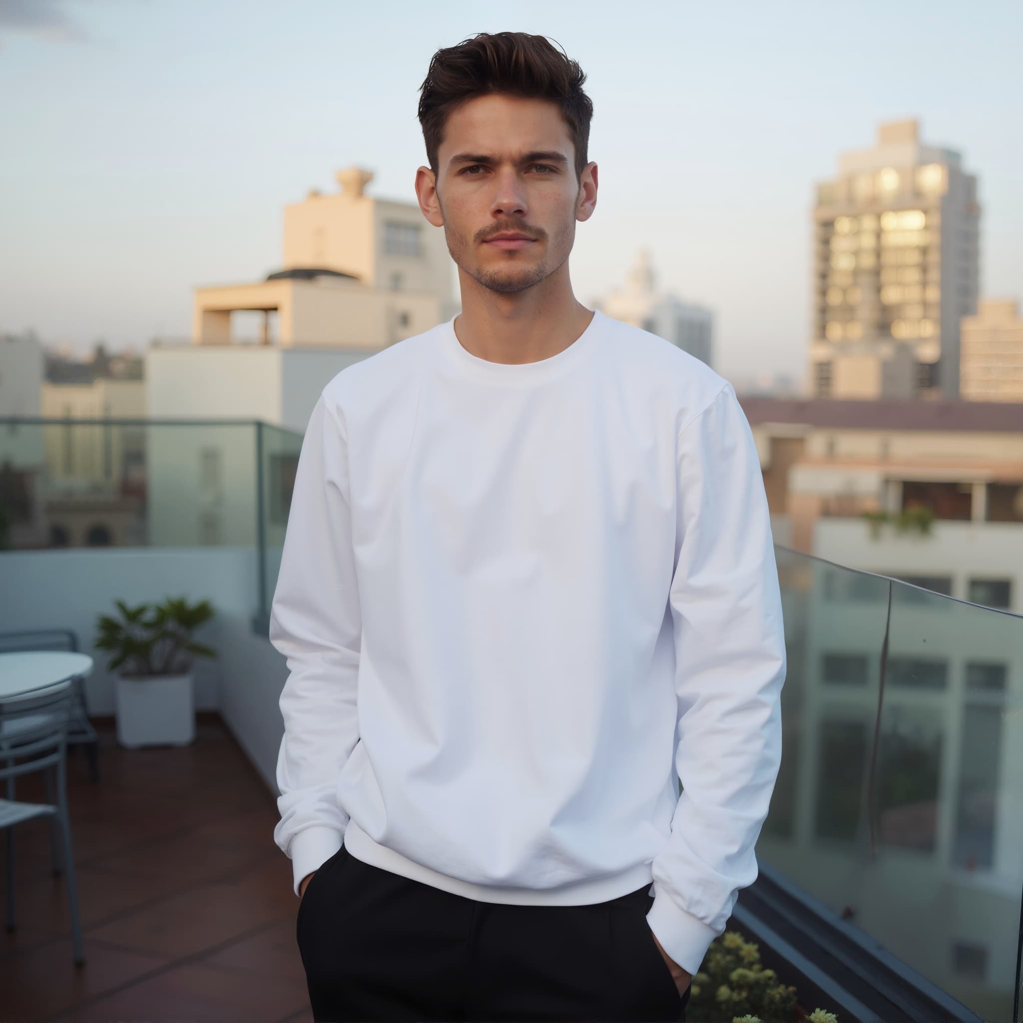 Long sleeve sweatshirt mockup a man stands with hands in pockets on a rooftop 03