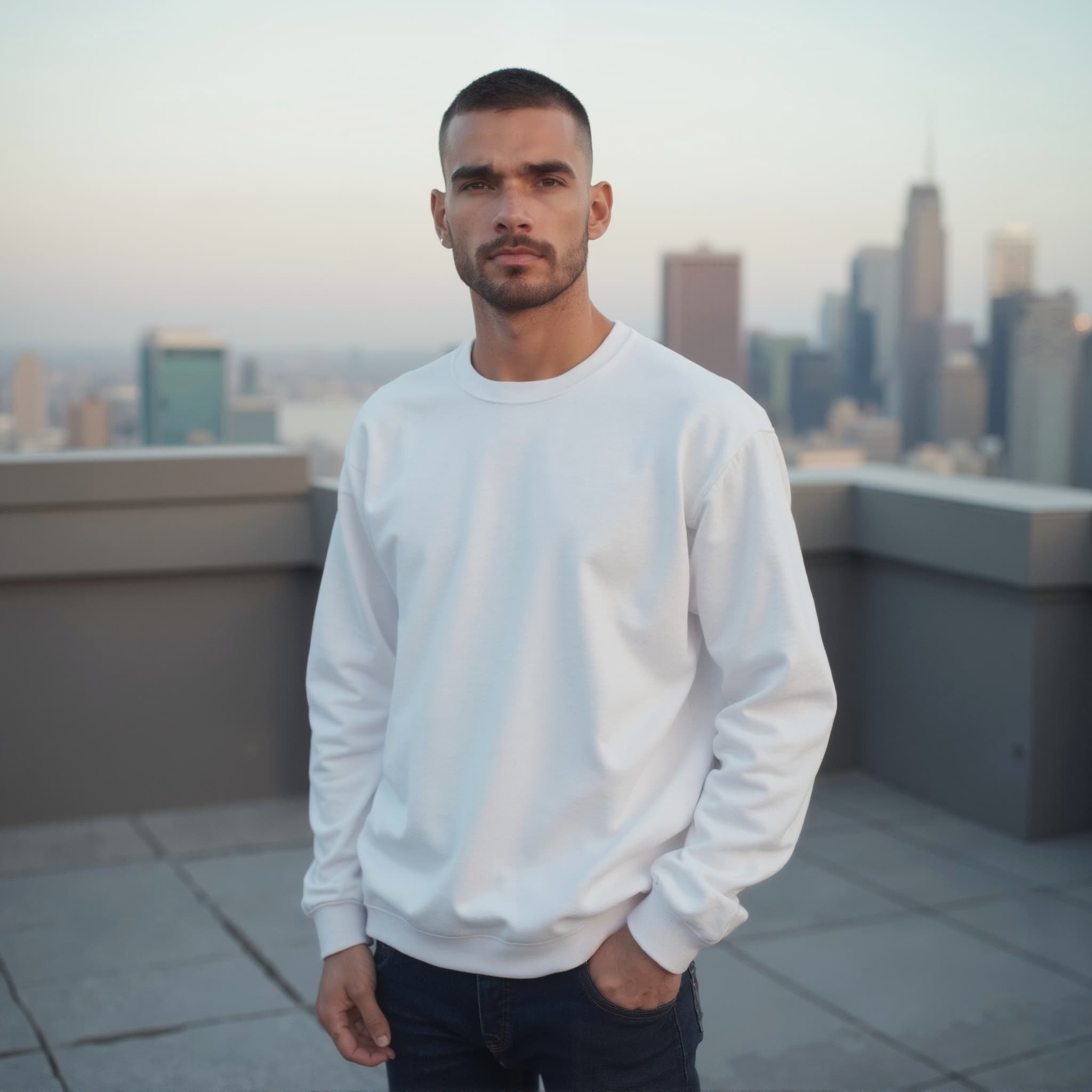 Long sleeve sweatshirt mockup a man stands with hands in pockets on a rooftop
