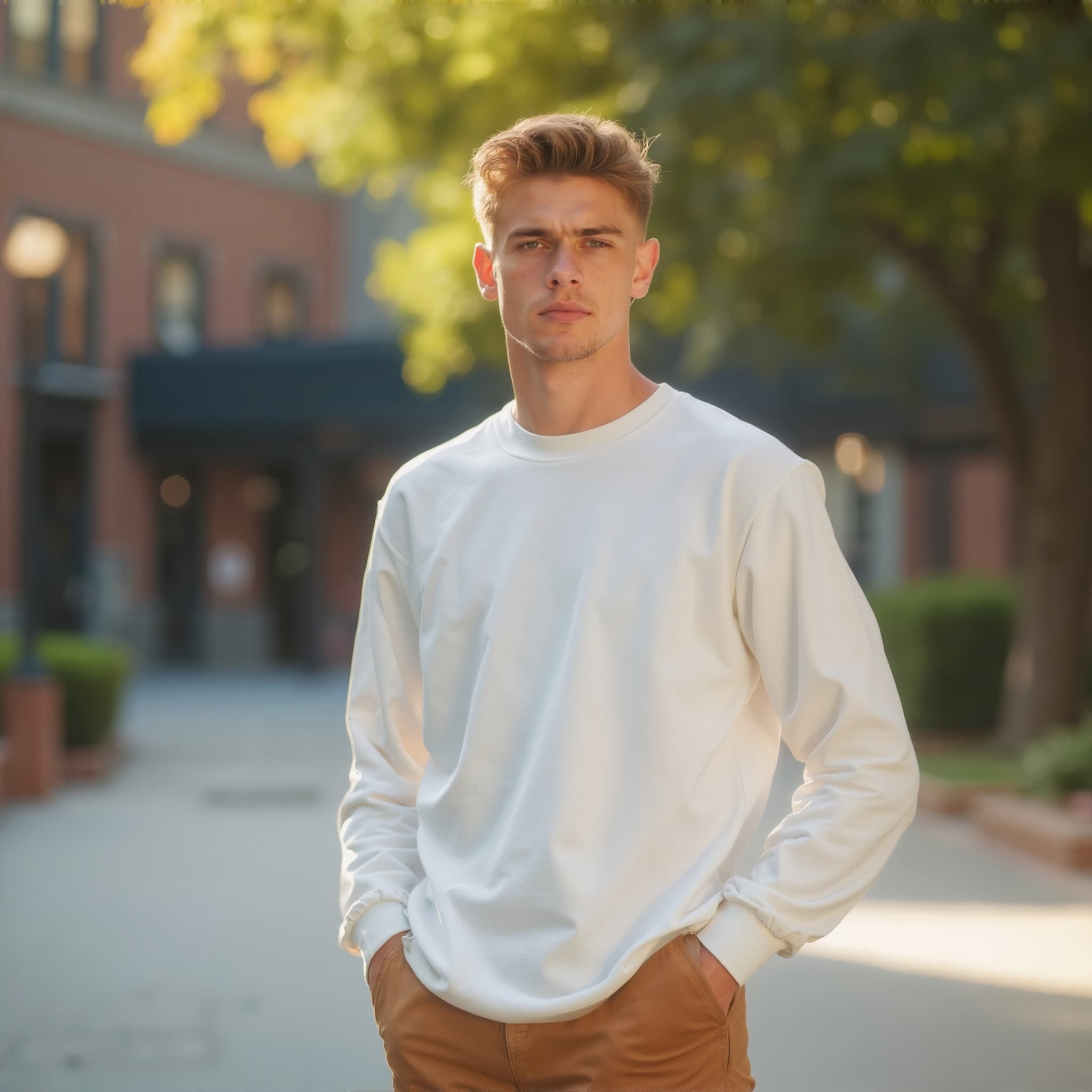 Long sleeve sweatshirt mockup a man stands with hands in pockets on a street 1 01
