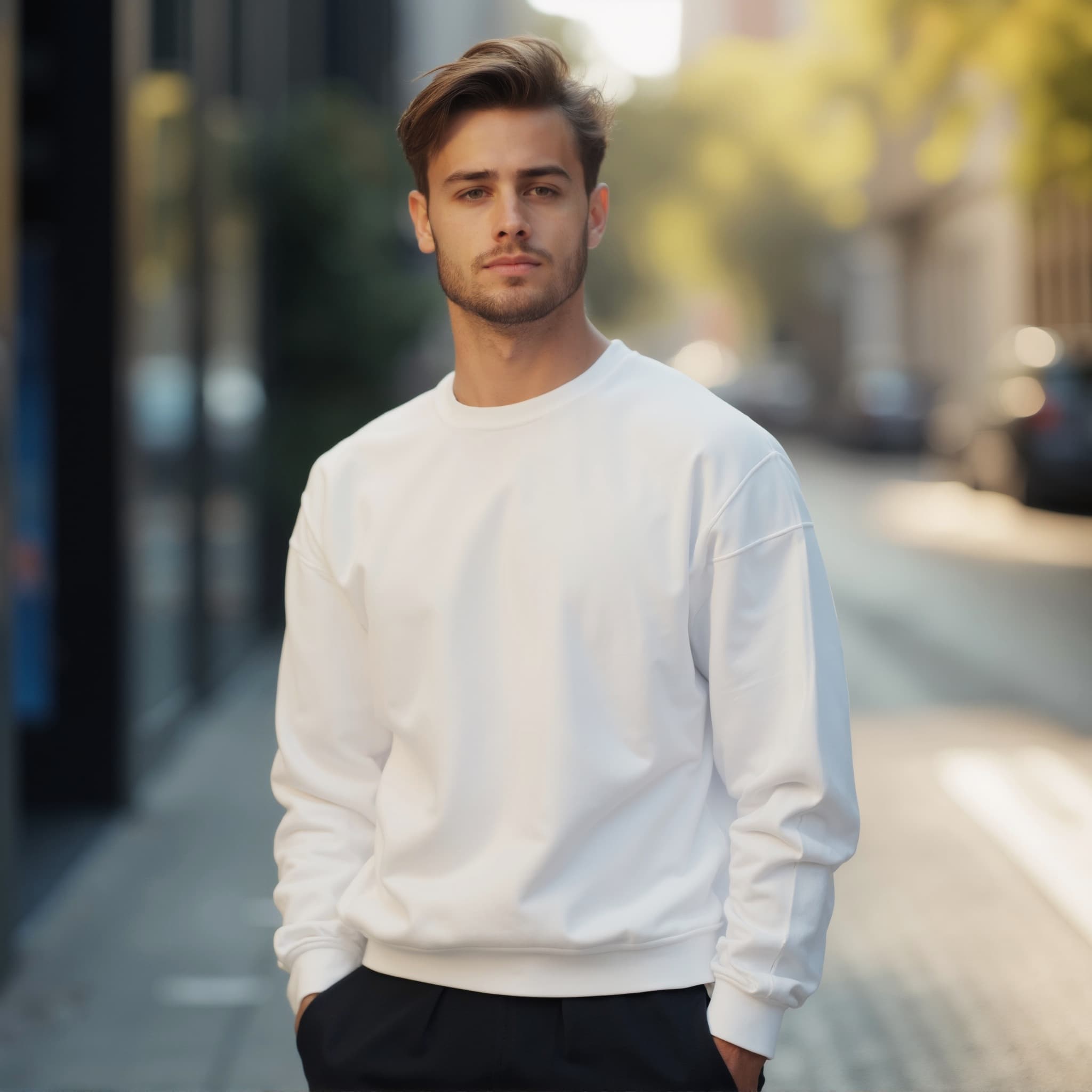 Long sleeve sweatshirt mockup a man stands with hands in pockets on a street 2