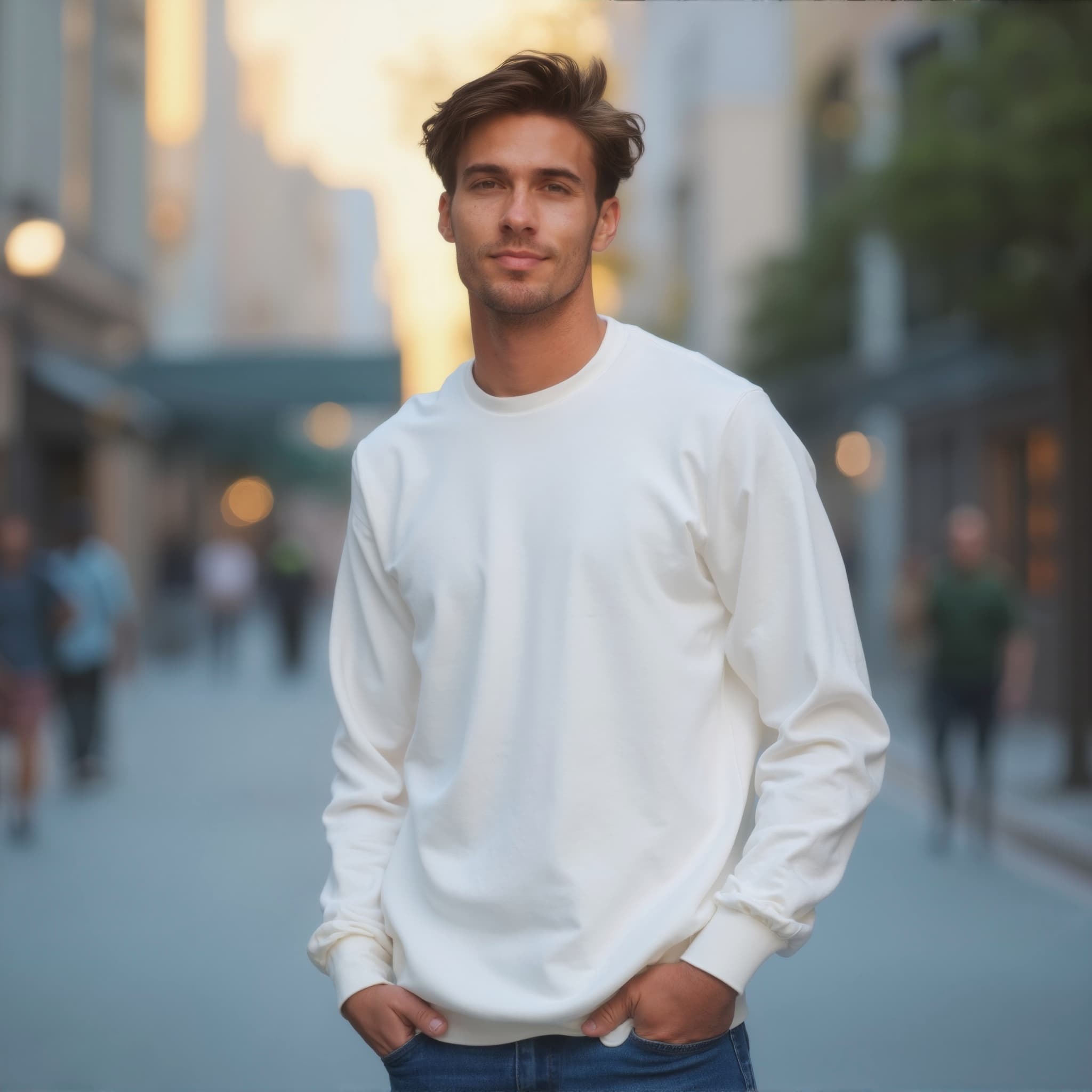 Long sleeve sweatshirt mockup a man stands with hands in pockets street scene 1