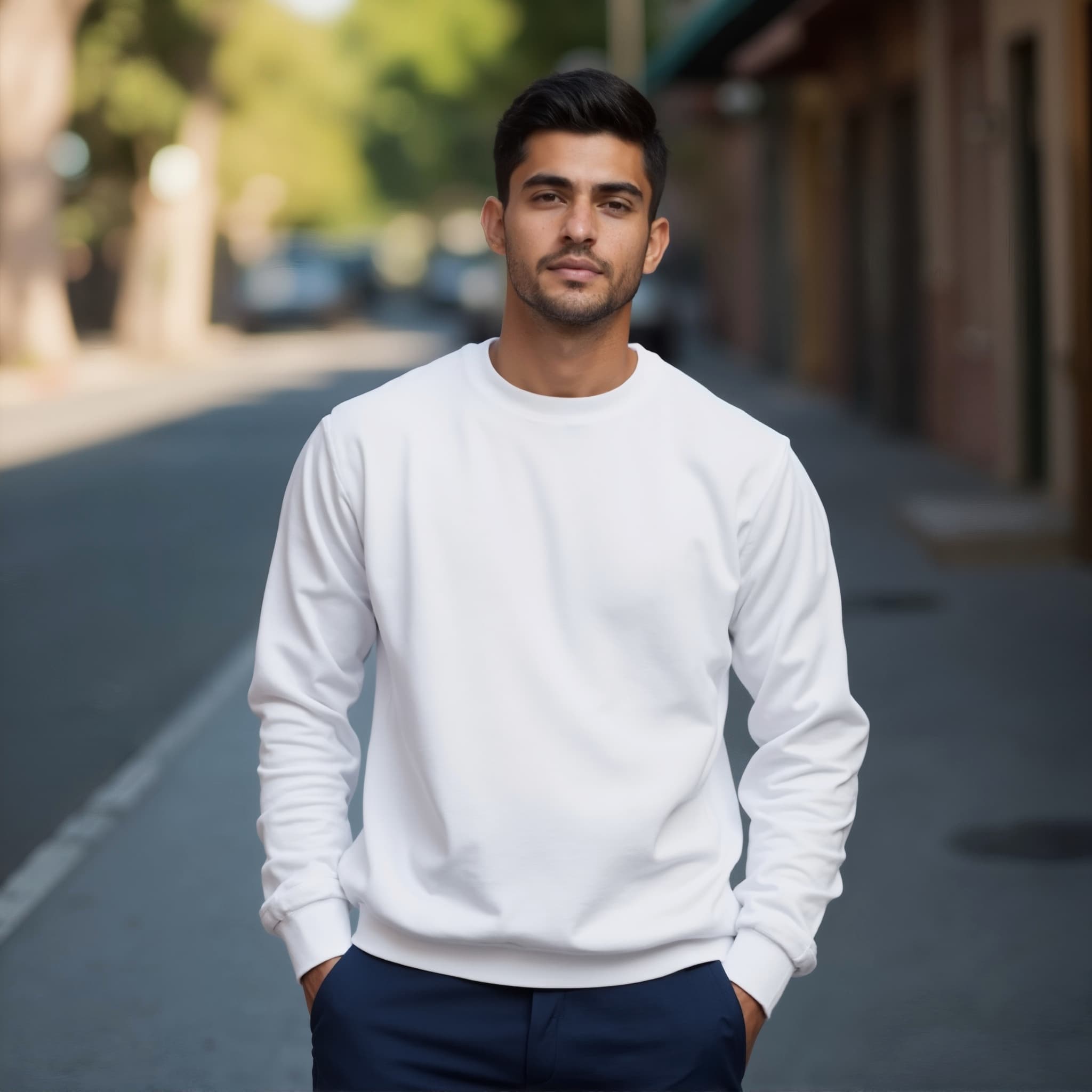 Long sleeve sweatshirt mockup a man stands with hands in pockets streetscape
