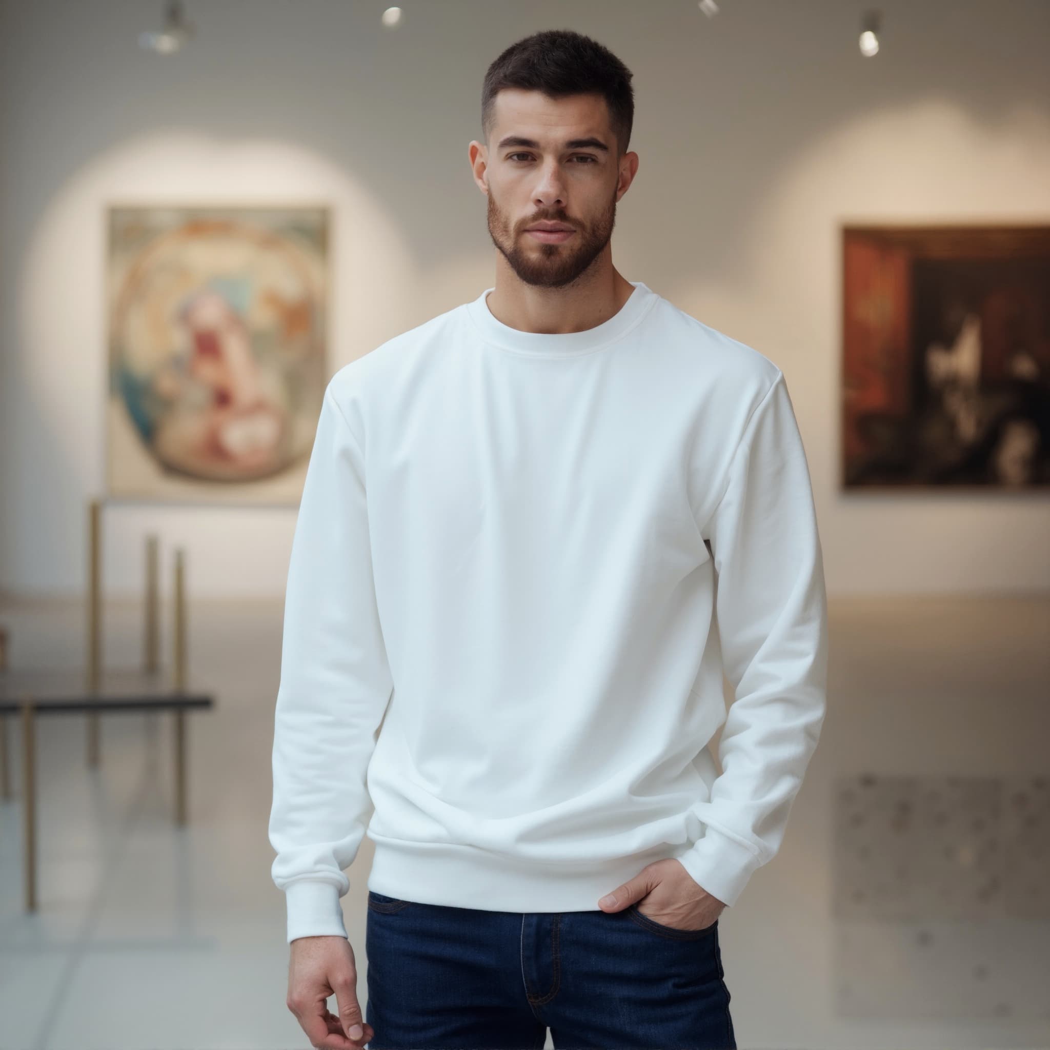 Long sleeve sweatshirt mockup a man stands with one hand in pocket in an art gallery