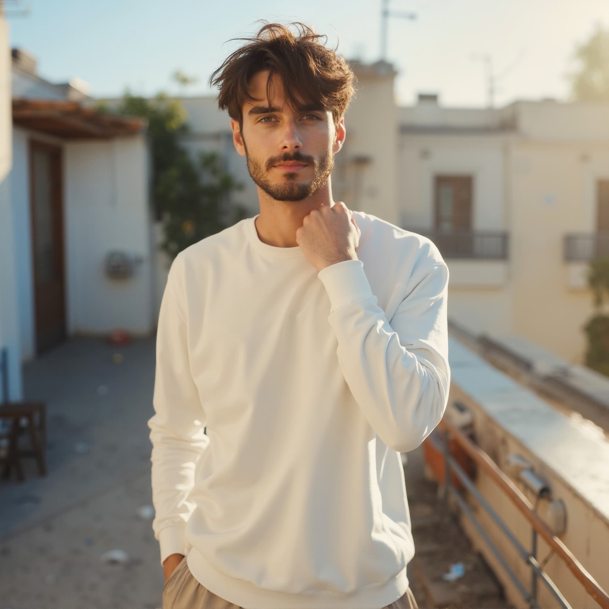 Long sleeve sweatshirt mockup a man stands with one hand on collar sunny balcon