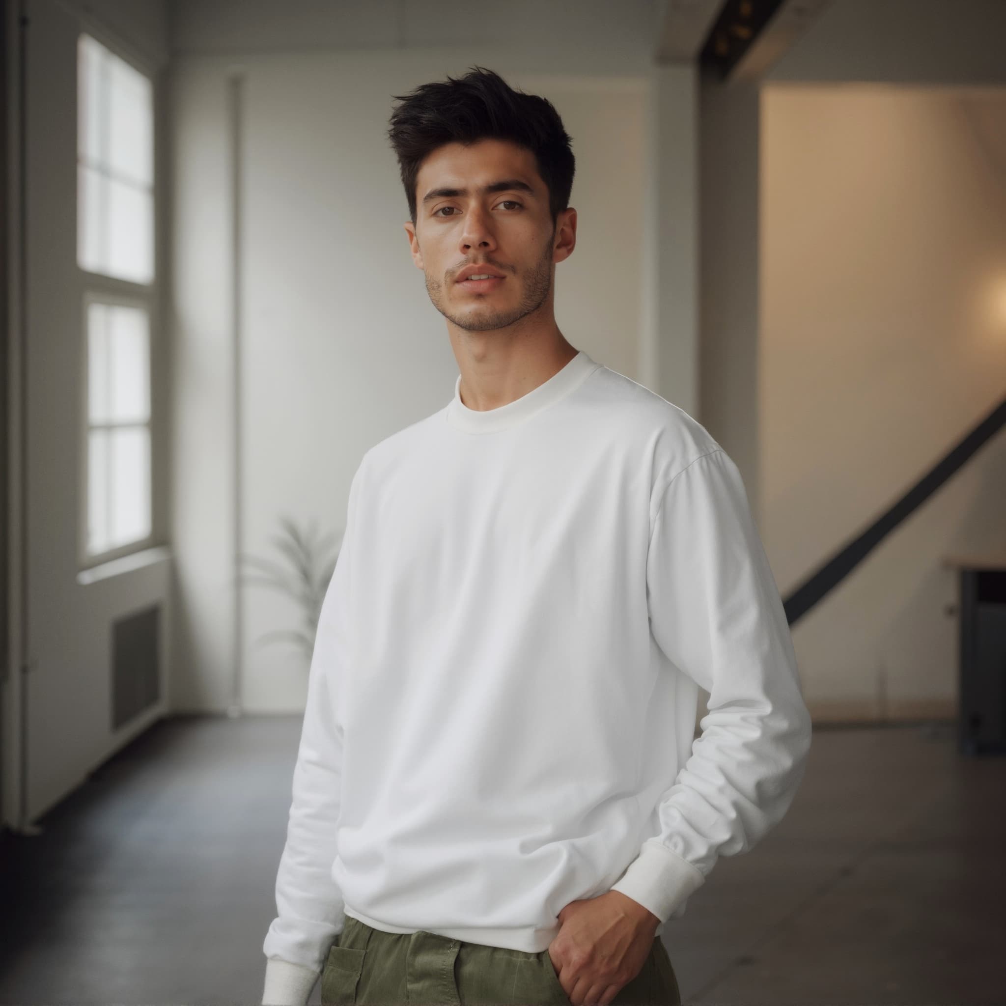 Long sleeve sweatshirt mockup a man stands with one hand on hip in a modern room