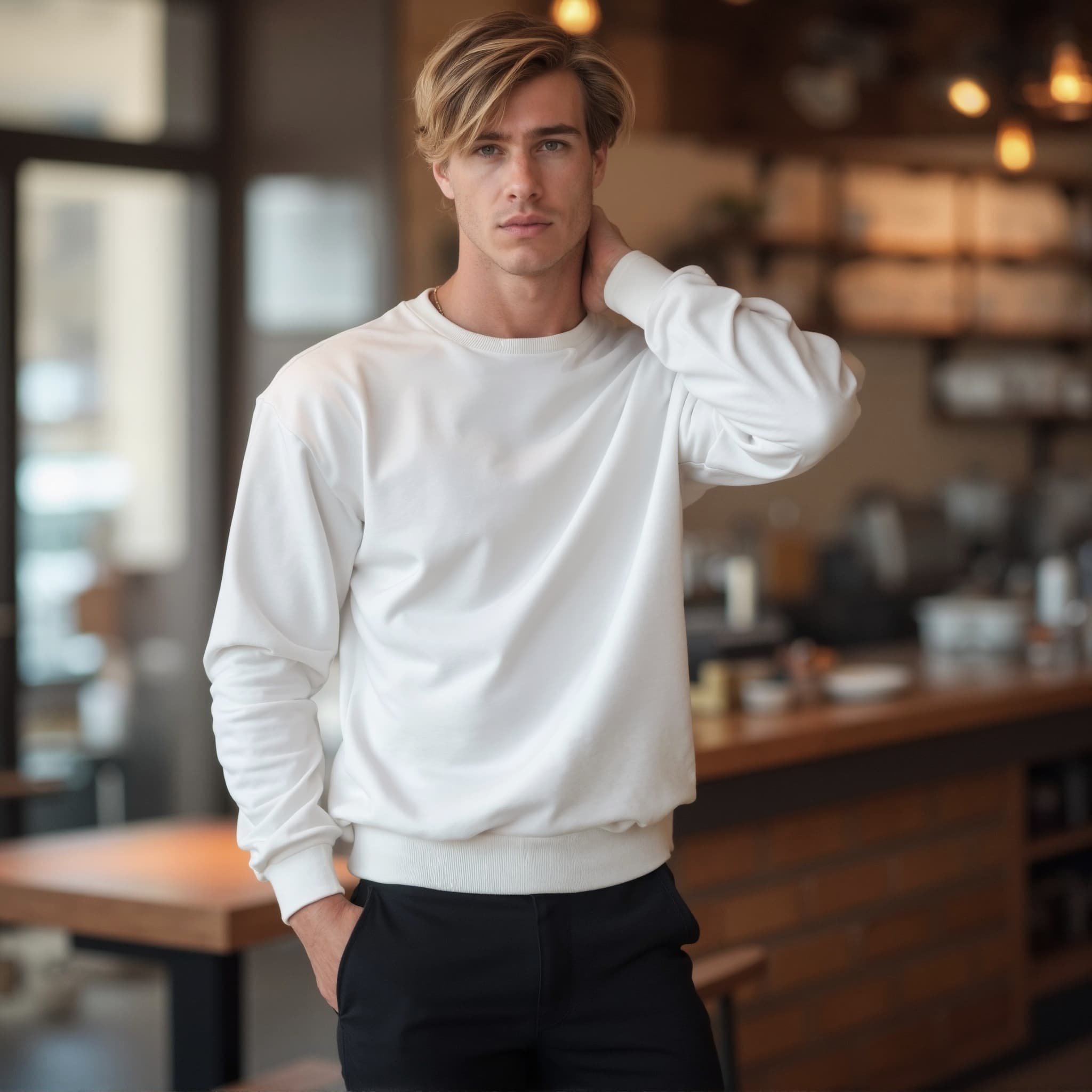 Long sleeve sweatshirt mockup a man stands with one hand on neck coffee shop