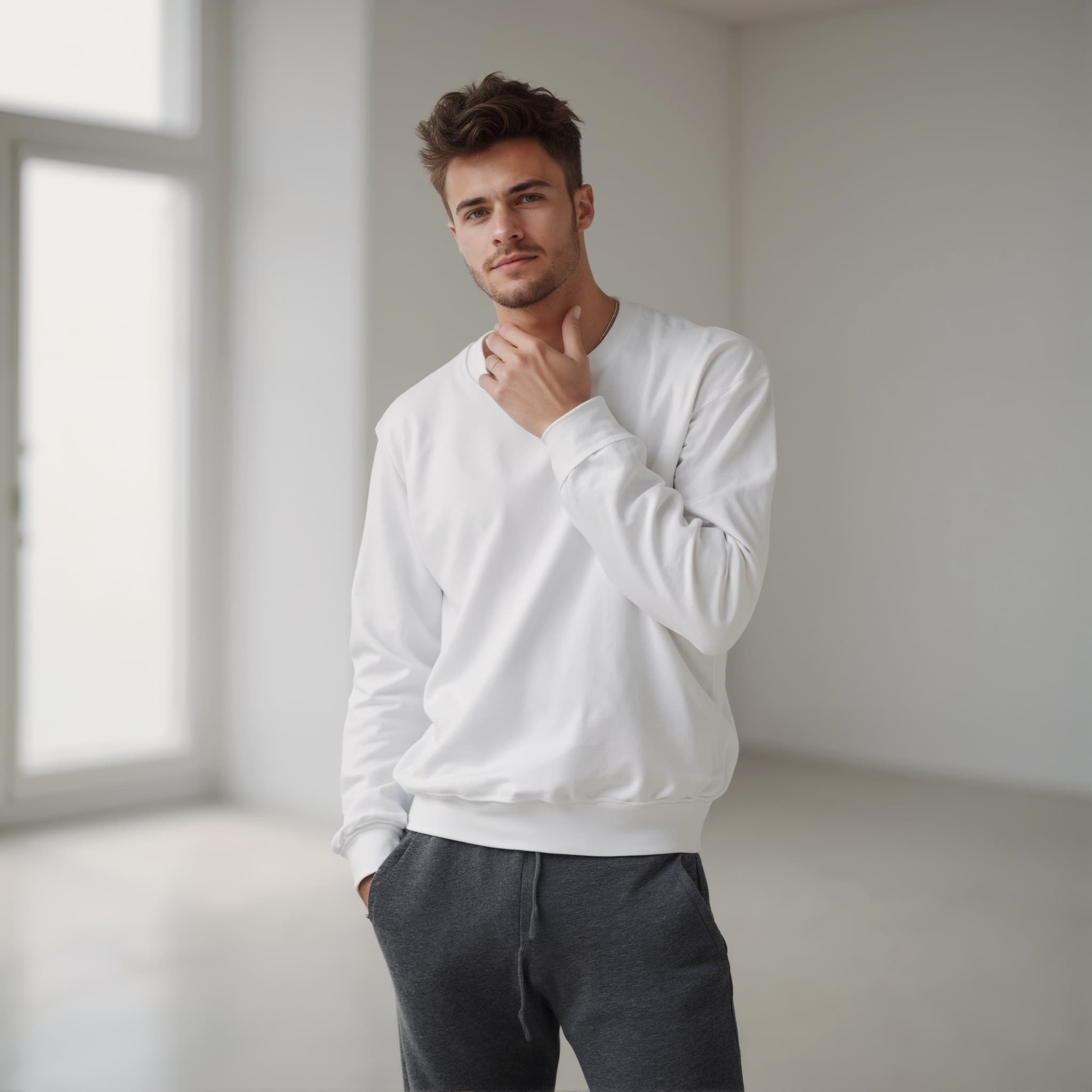 Long sleeve sweatshirt mockup a man touches his chin in a bright room