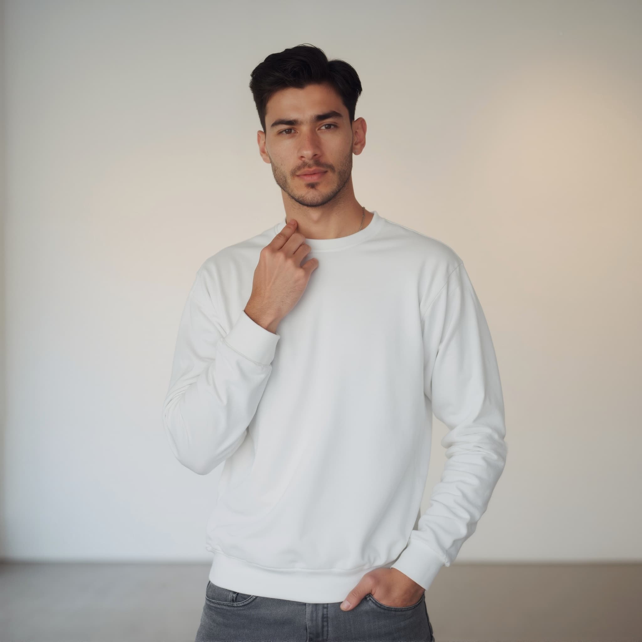 Long sleeve sweatshirt mockup a man touches his chin in a studio