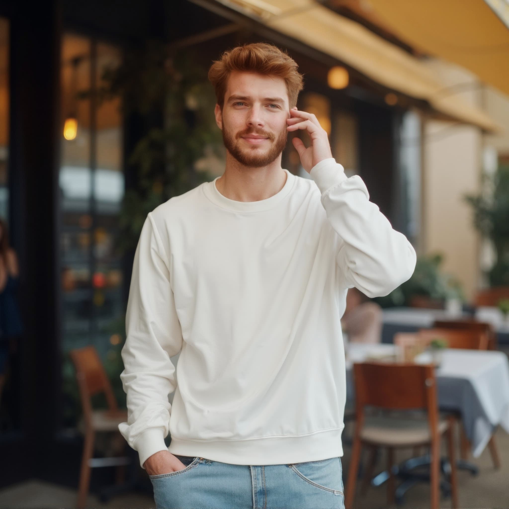 Long sleeve sweatshirt mockup a man touches his ear at a café