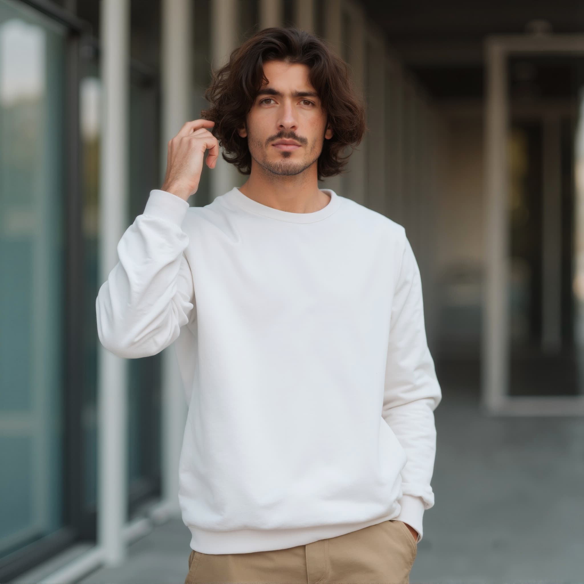 Long sleeve sweatshirt mockup a man touches his hair in a hallway