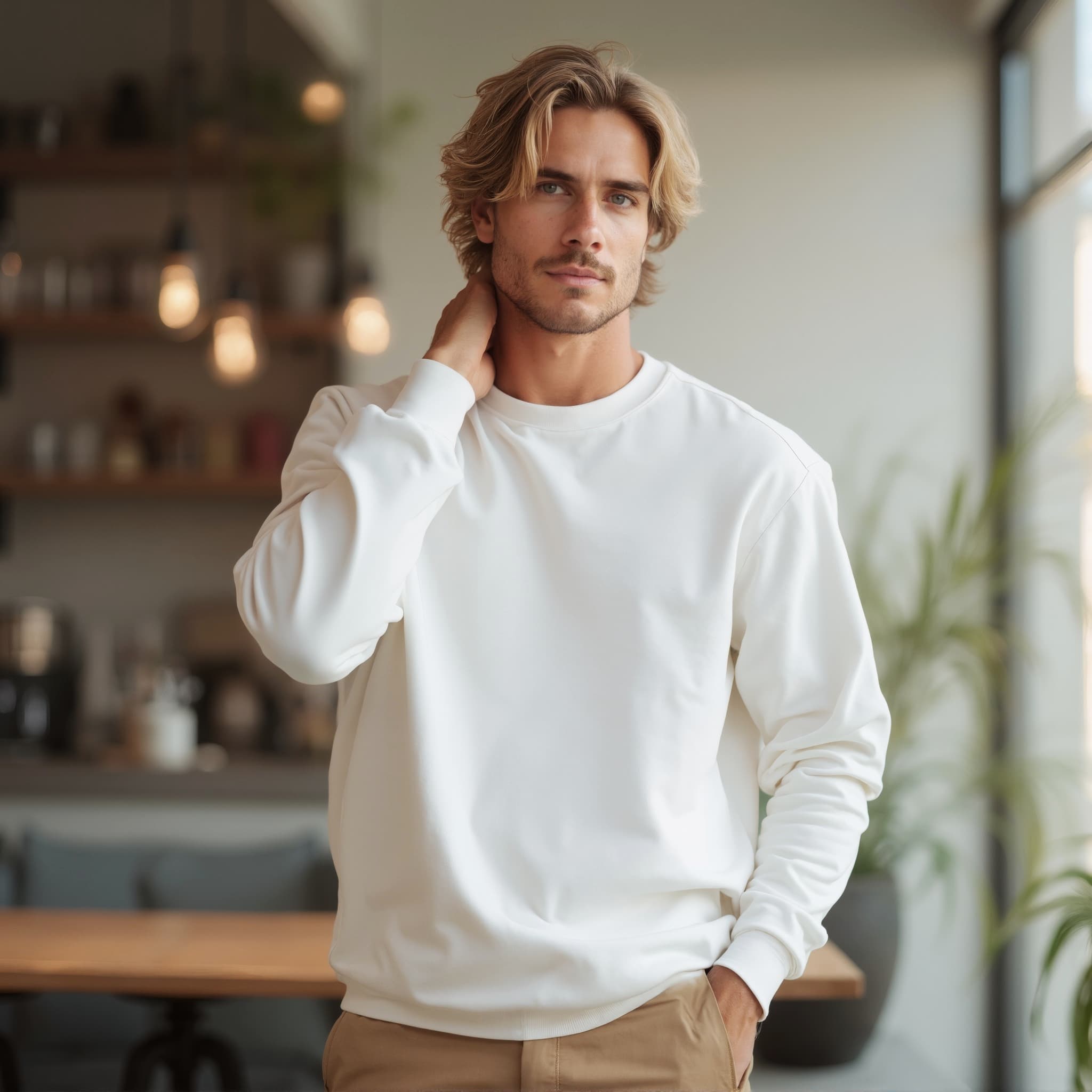 Long sleeve sweatshirt mockup a man touches his neck with tousled hair in a cozy café