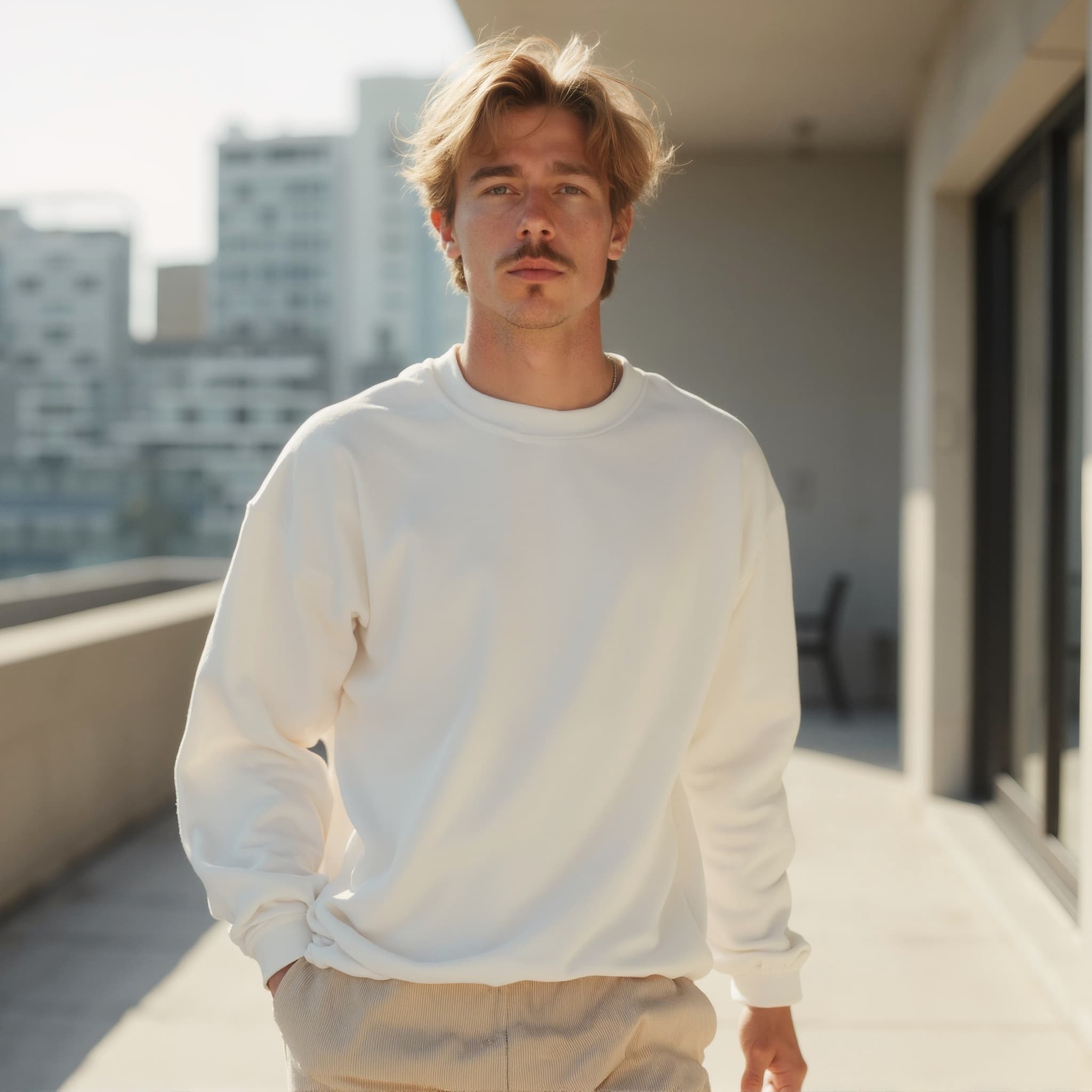 Long sleeve sweatshirt mockup a man walks with hands in pockets on a balcony