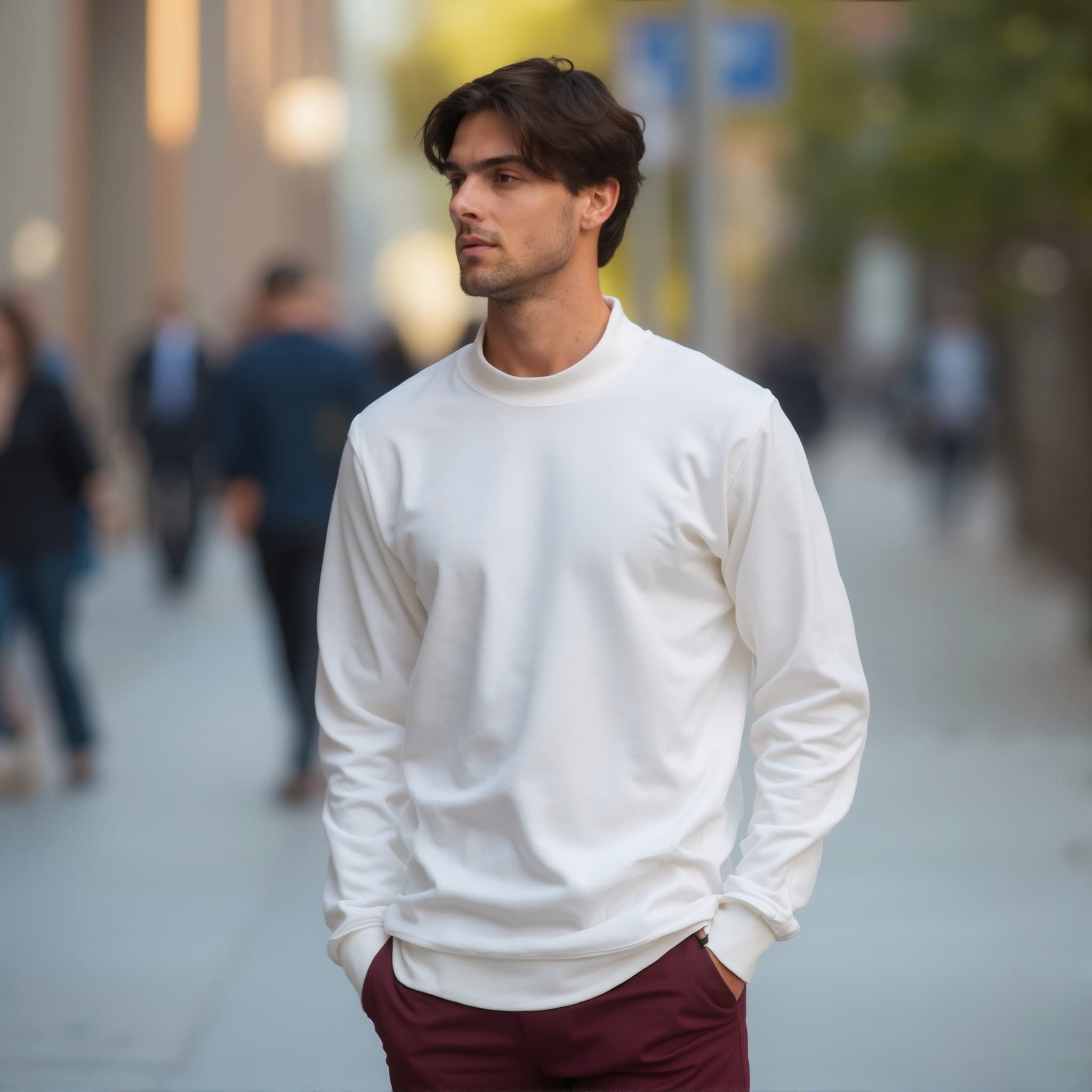 Long sleeve sweatshirt mockup a man walks with hands in pockets street scen