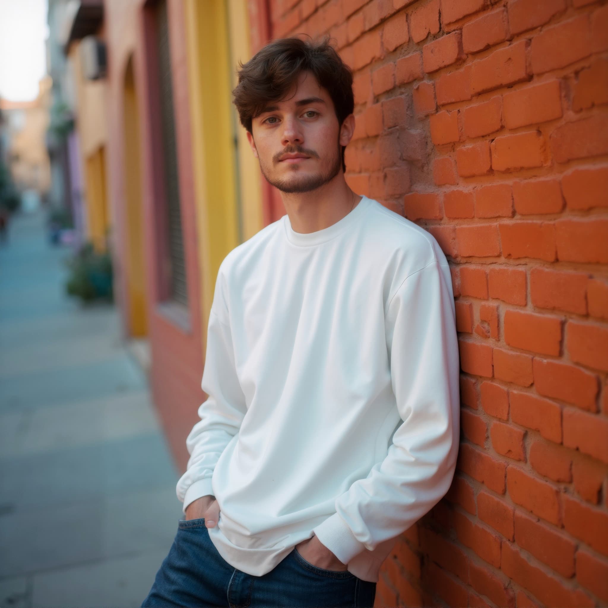 Long sleeve sweatshirt mockup a young man leans against a wall in an alley